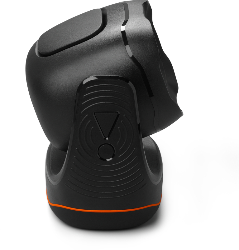 Ein schwarzer Lautsprecher mit JBL-Logo und orangefarbenen Akzenten.