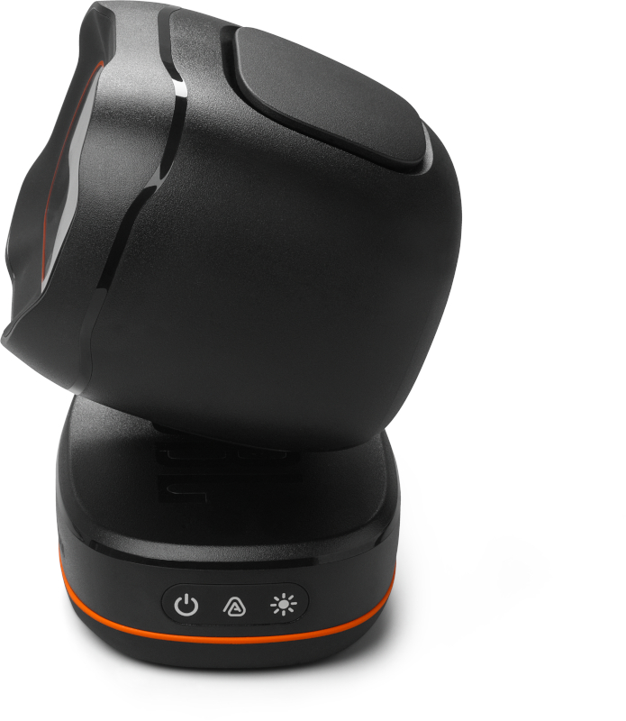 Schwarz-oranges Gerät, möglicherweise ein Scanner, vor weißem Hintergrund.