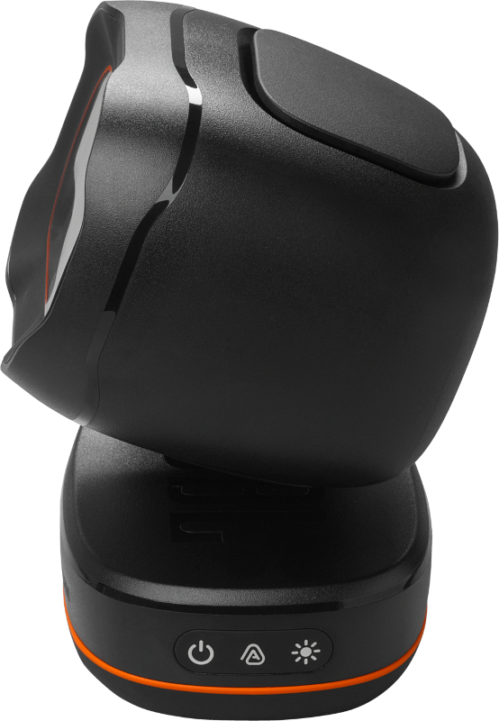 Schwarzes, abgerundetes Gerät mit orangefarbenem Akzent, auf weißem Hintergrund.