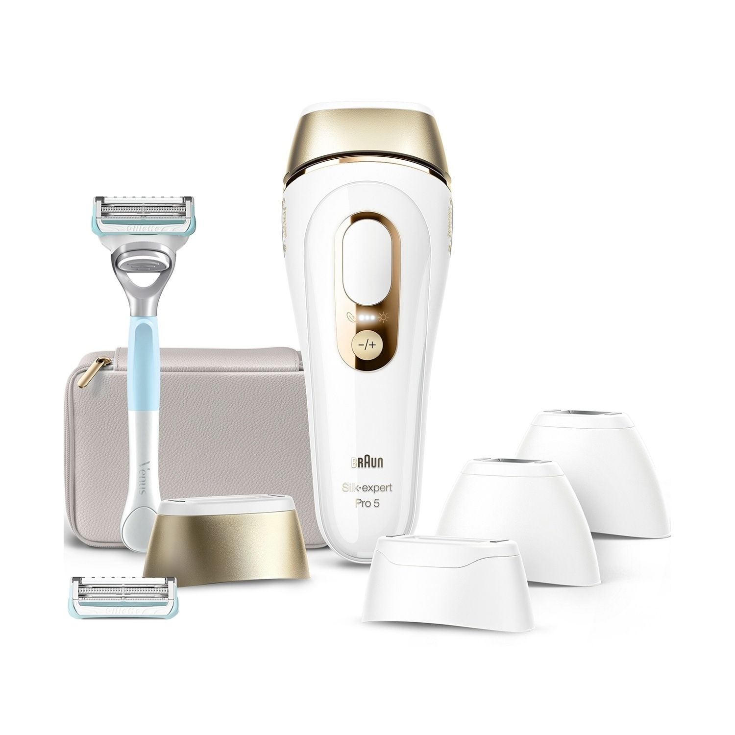 Braun Silk-expert Pro 5, rasoio Venus e accessori su sfondo bianco.