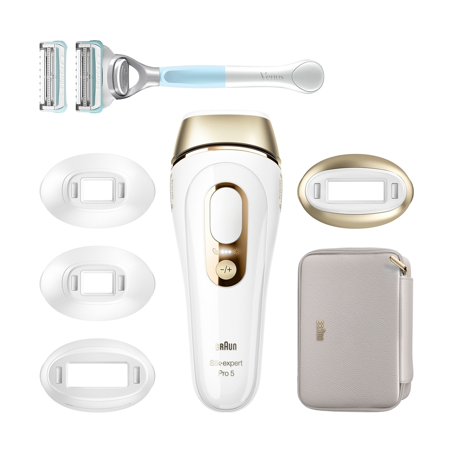Braun Silk-expert Pro 5, rasoio Venus e accessori sono esposti su sfondo bianco.