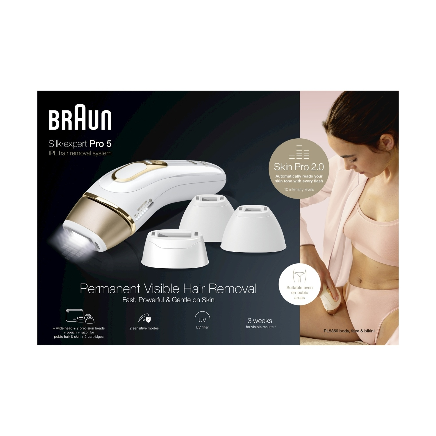 Sistema di epilazione IPL Braun Silk-expert Pro 5. Donna usa il dispositivo sulla gamba. Tre testine bianche. Testo: Rimozione permanente visibile dei peli.
