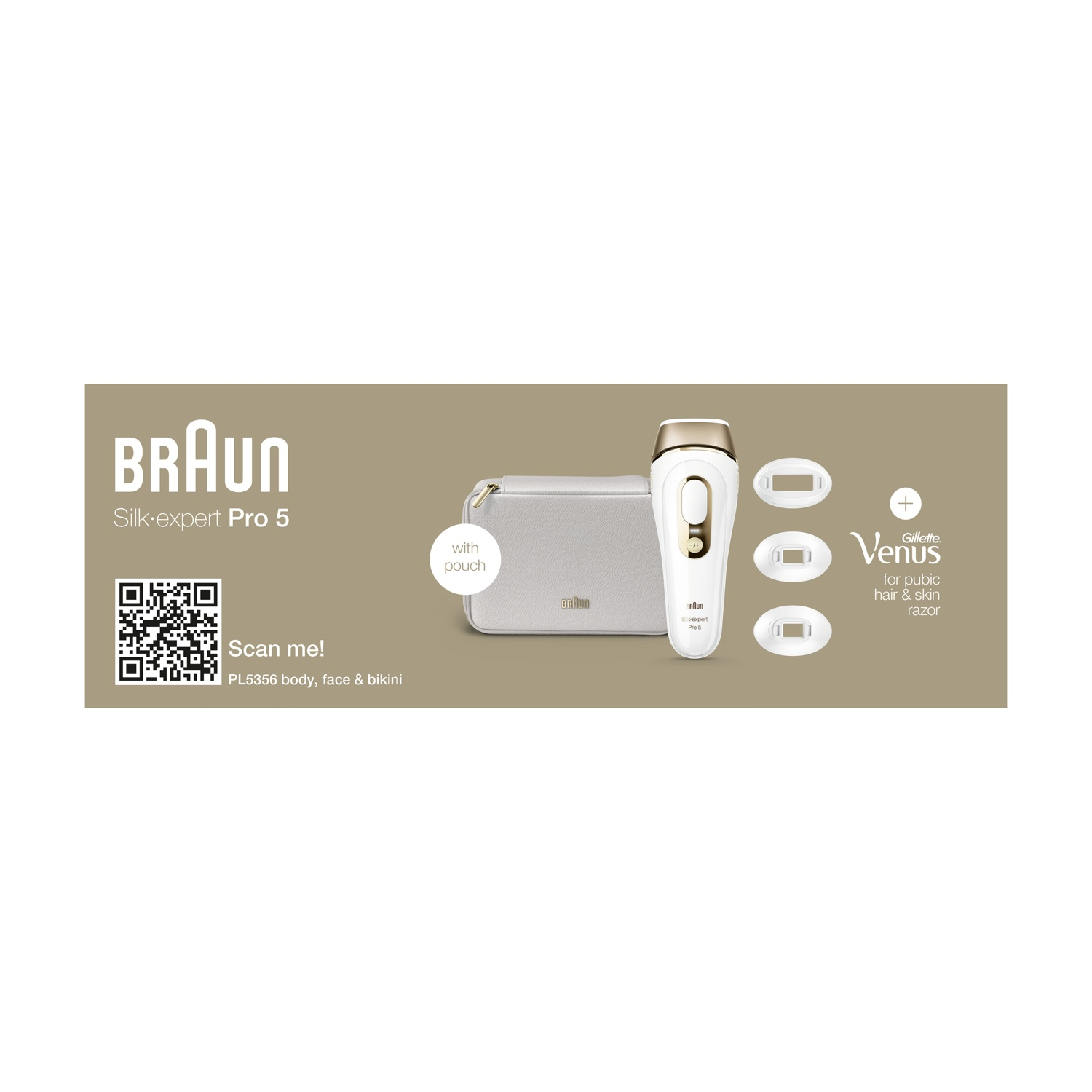 Braun Silk-expert Pro 5 con custodia, accessori e rasoio Gillette Venus. Codice QR per la scansione e testo: PL5356 corpo, viso e bikini.