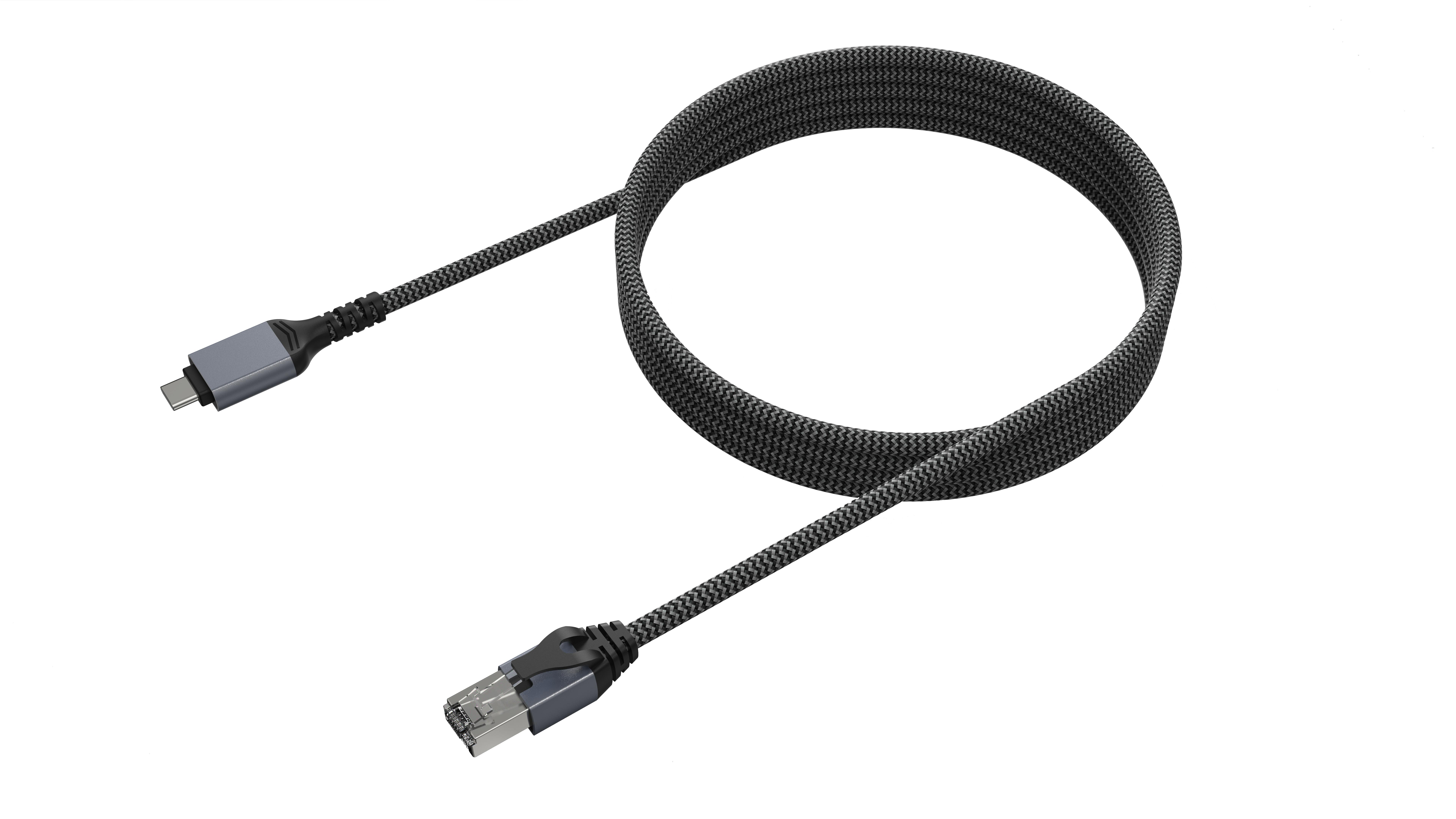 Ein grau-schwarzes geflochtenes USB-Kabel mit USB-C- und Ethernet-Anschluss auf Weiß.