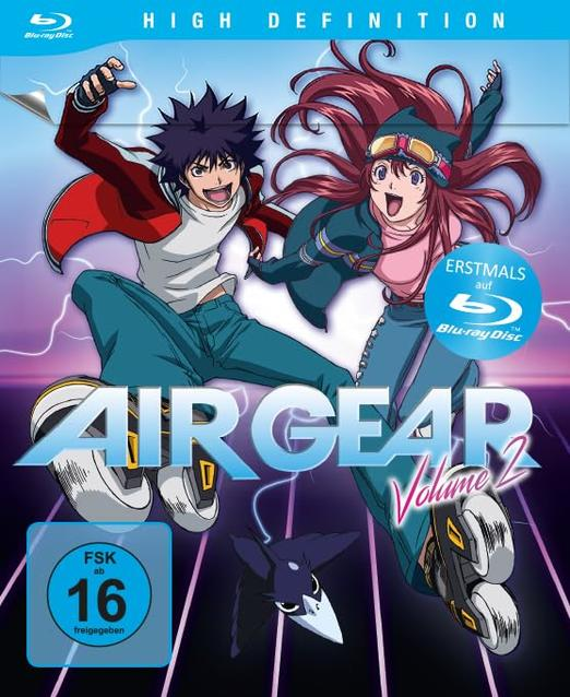 Air Gear Vol. 2 Blu-ray-Cover. Zwei Anime-Charaktere in Aktion, mit dem Titel.