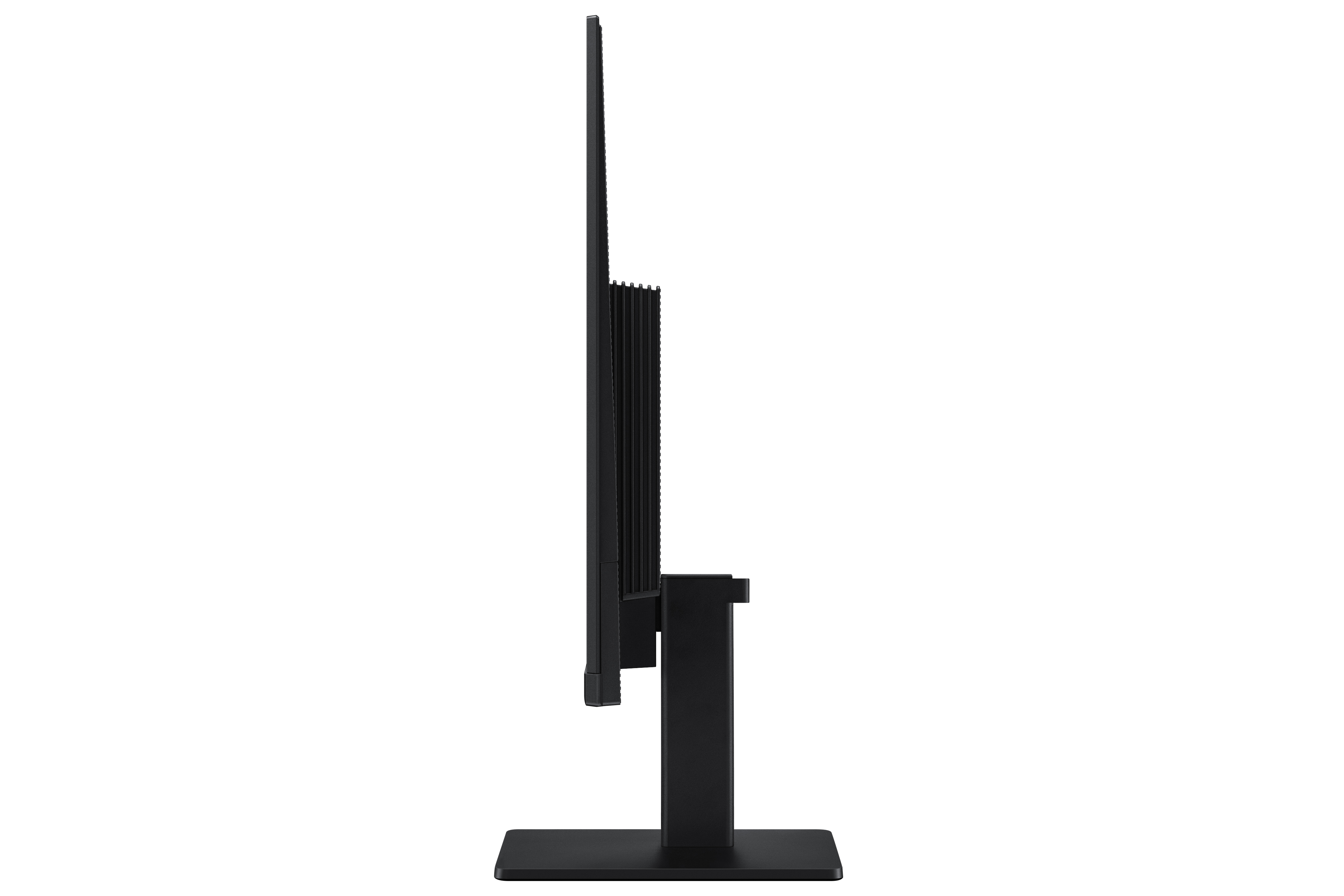 Schwarzer Computermonitor, Seitenansicht, mit Ständer und sauberem, weißem Hintergrund.
