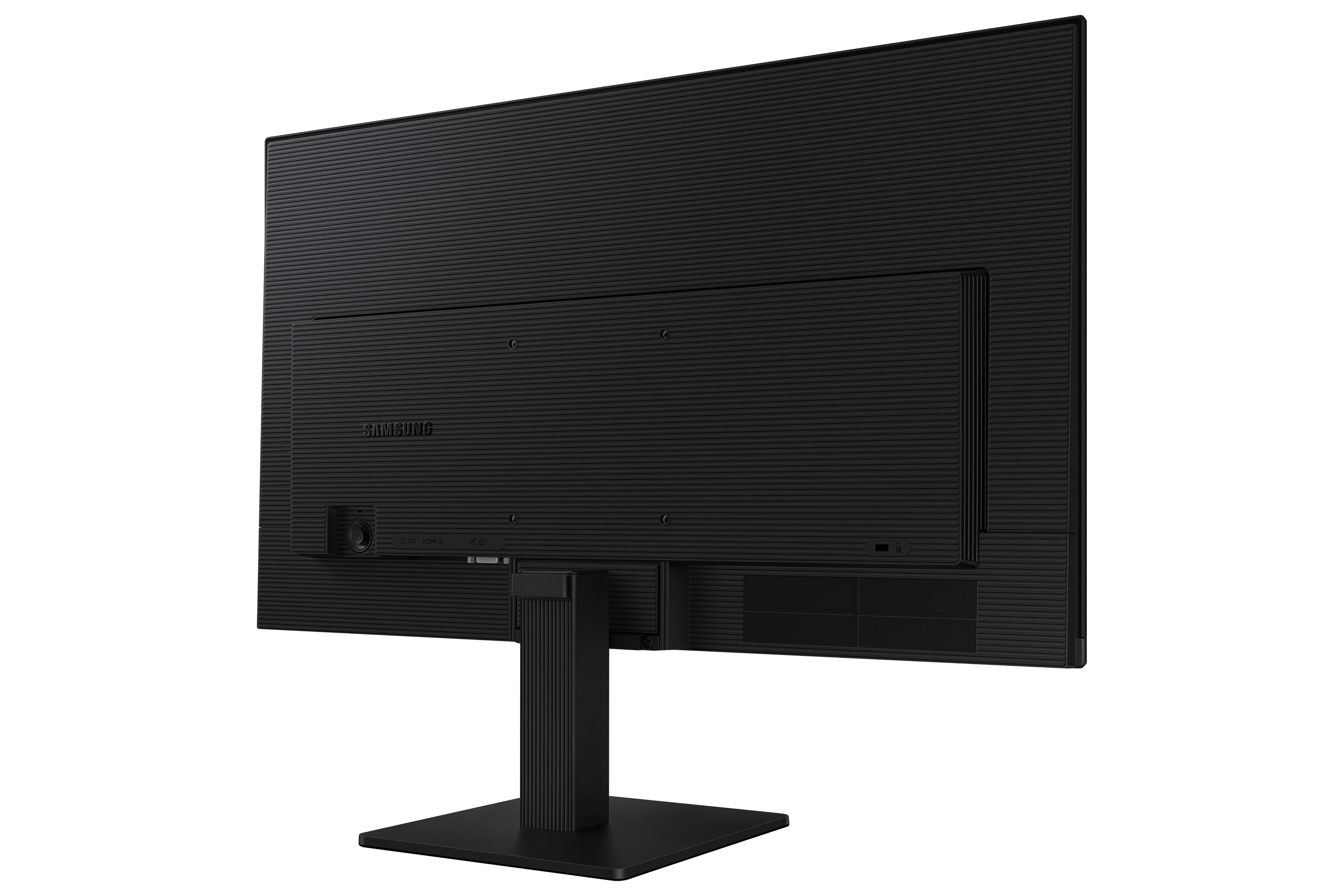 Schwarze Monitorrückseite, Samsung-Logo, Anschlüsse und Ständer.