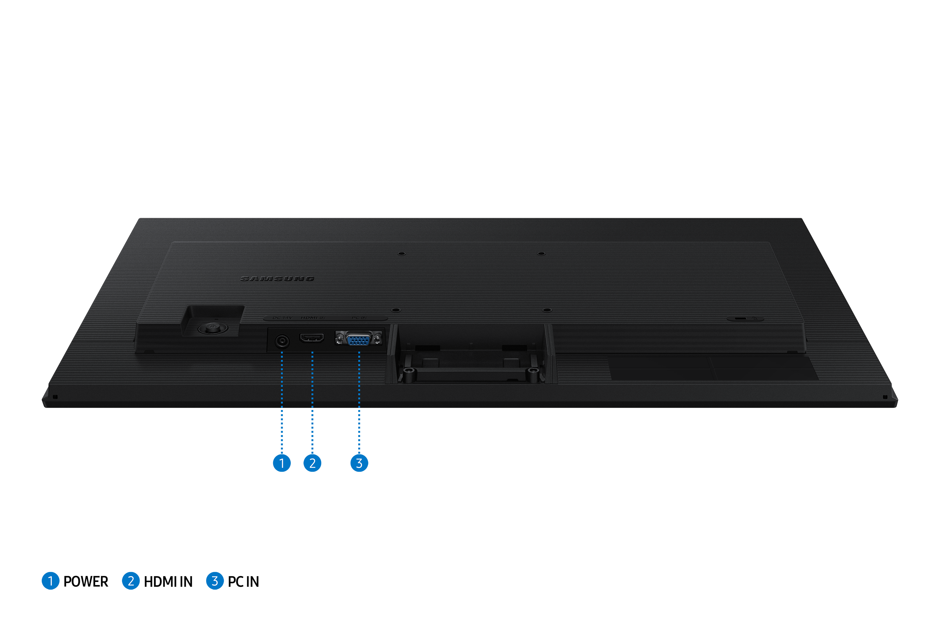 Rückseite des Monitors, schwarz, mit Strom-, HDMI-, VGA-Anschlüssen und anderen Anschlüssen.