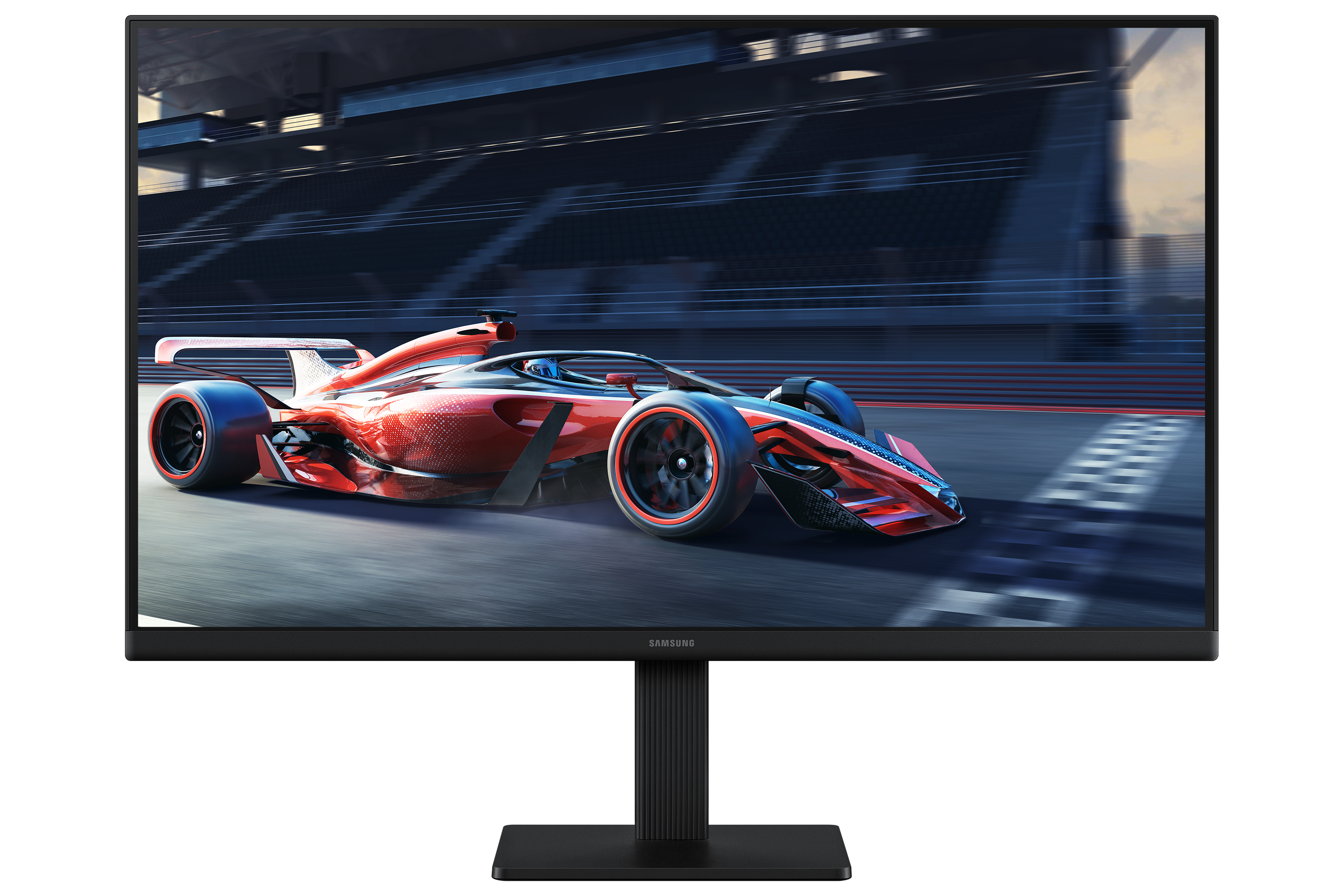 Samsung-Monitor, der ein Formel-1-Rennwagen auf einer Rennstrecke zeigt.
