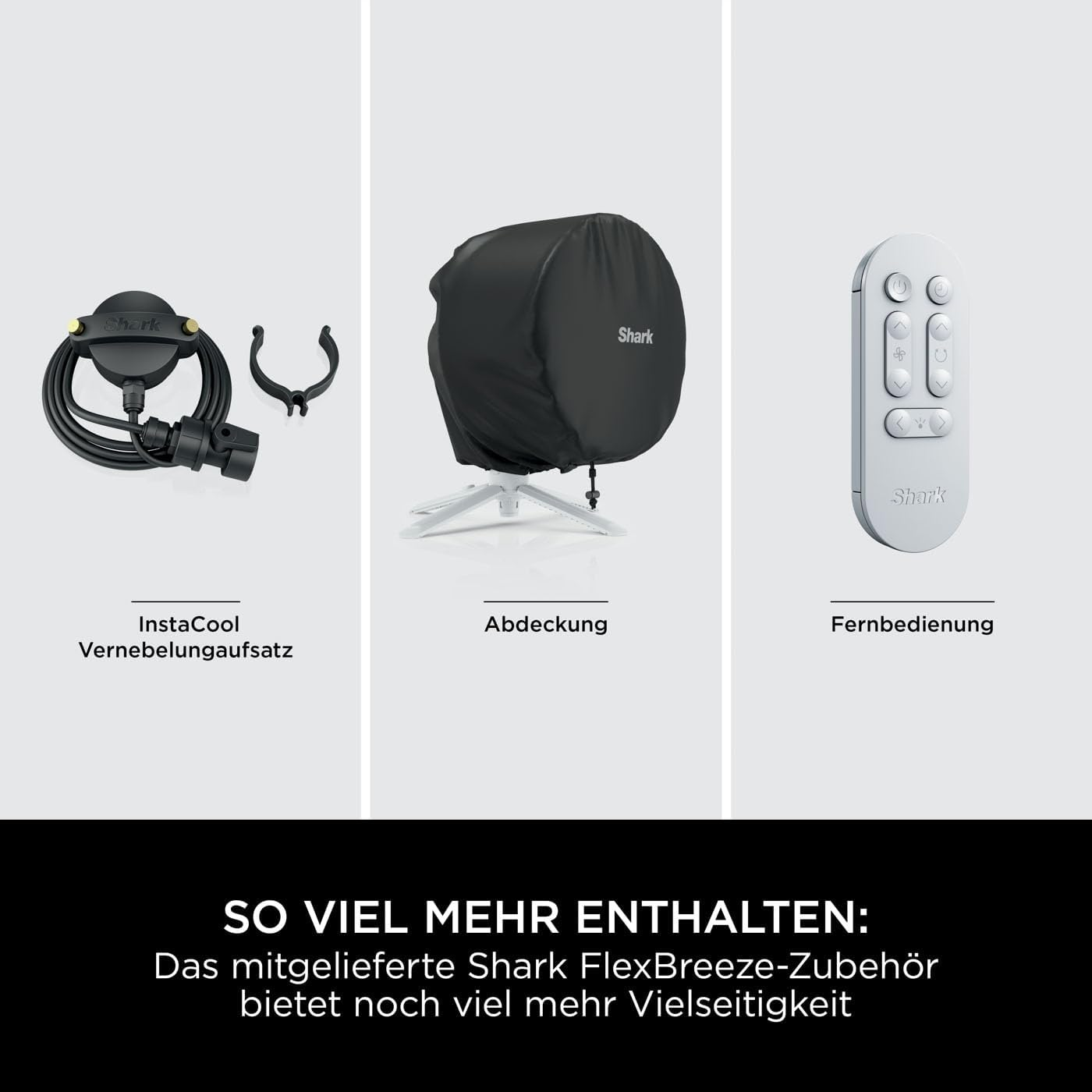 L'immagine mostra l'accessorio InstaCool, un dispositivo coperto e un telecomando. Tutti i prodotti hanno il marchio 'Shark'.