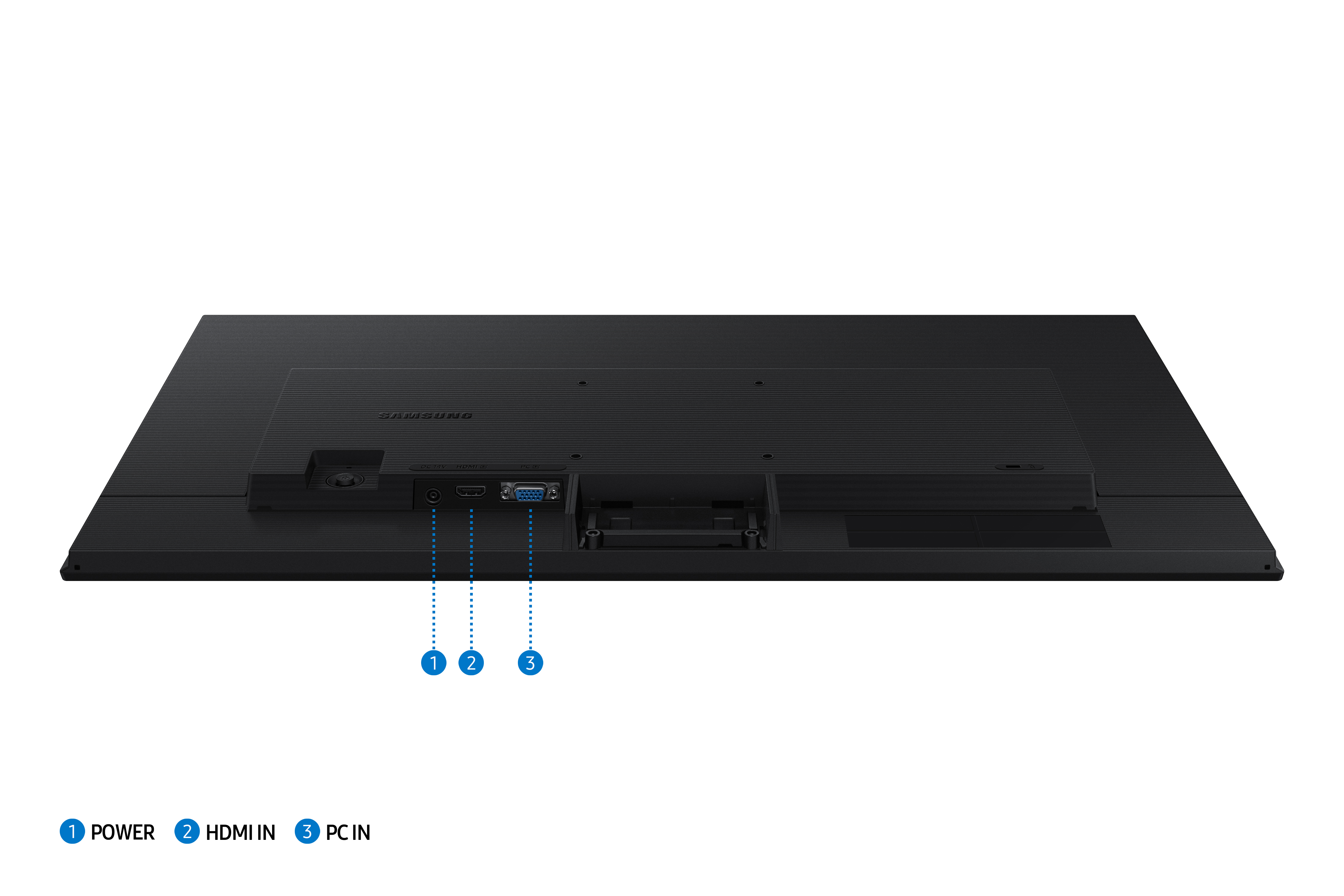 Rückseite eines schwarzen Monitors mit Strom-, HDMI- und PC-Eingängen, die mit blauen Zahlen gekennzeichnet sind.