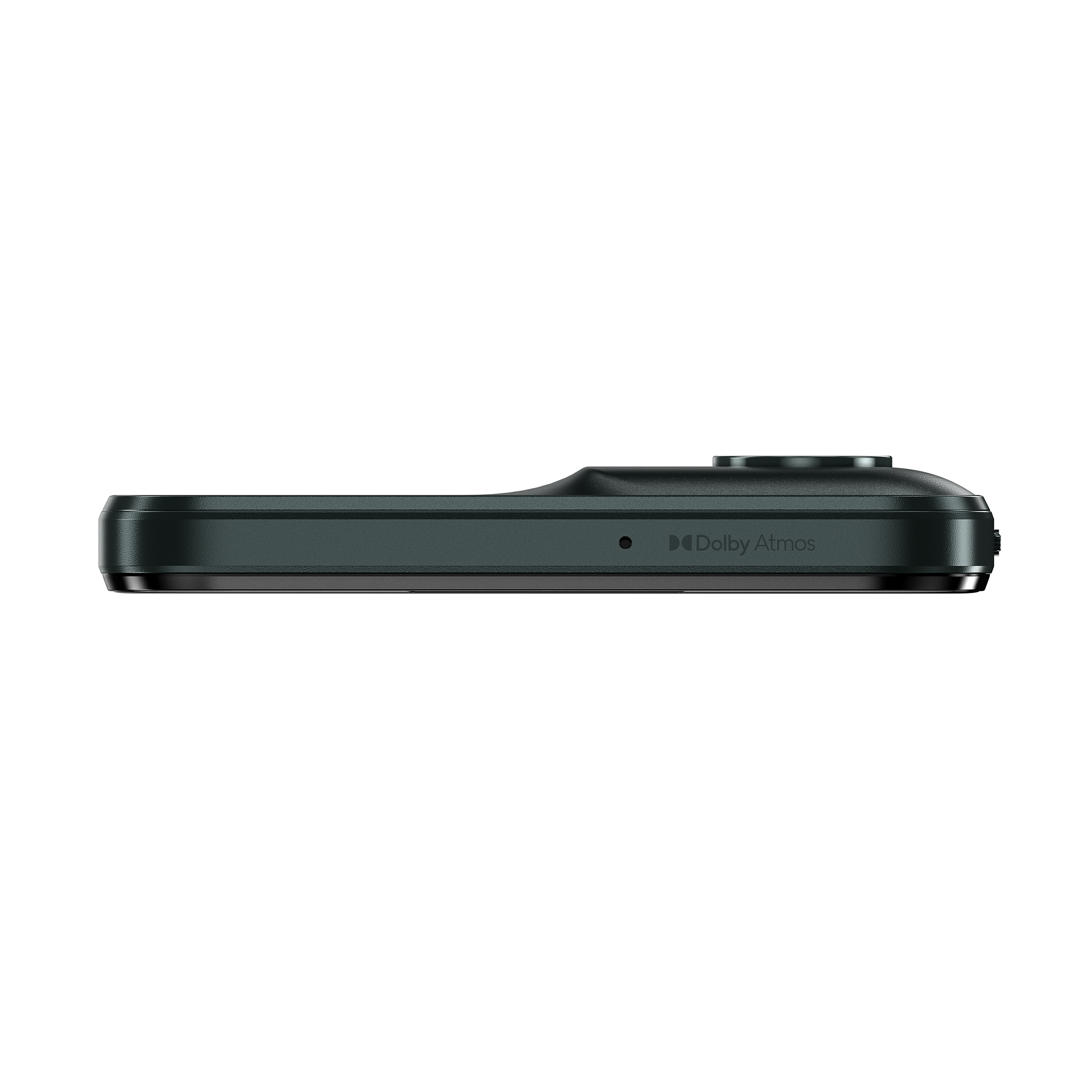 Schwarzes Motorola-Telefon, Seitenansicht links, mit Dolby Atmos-Logo.