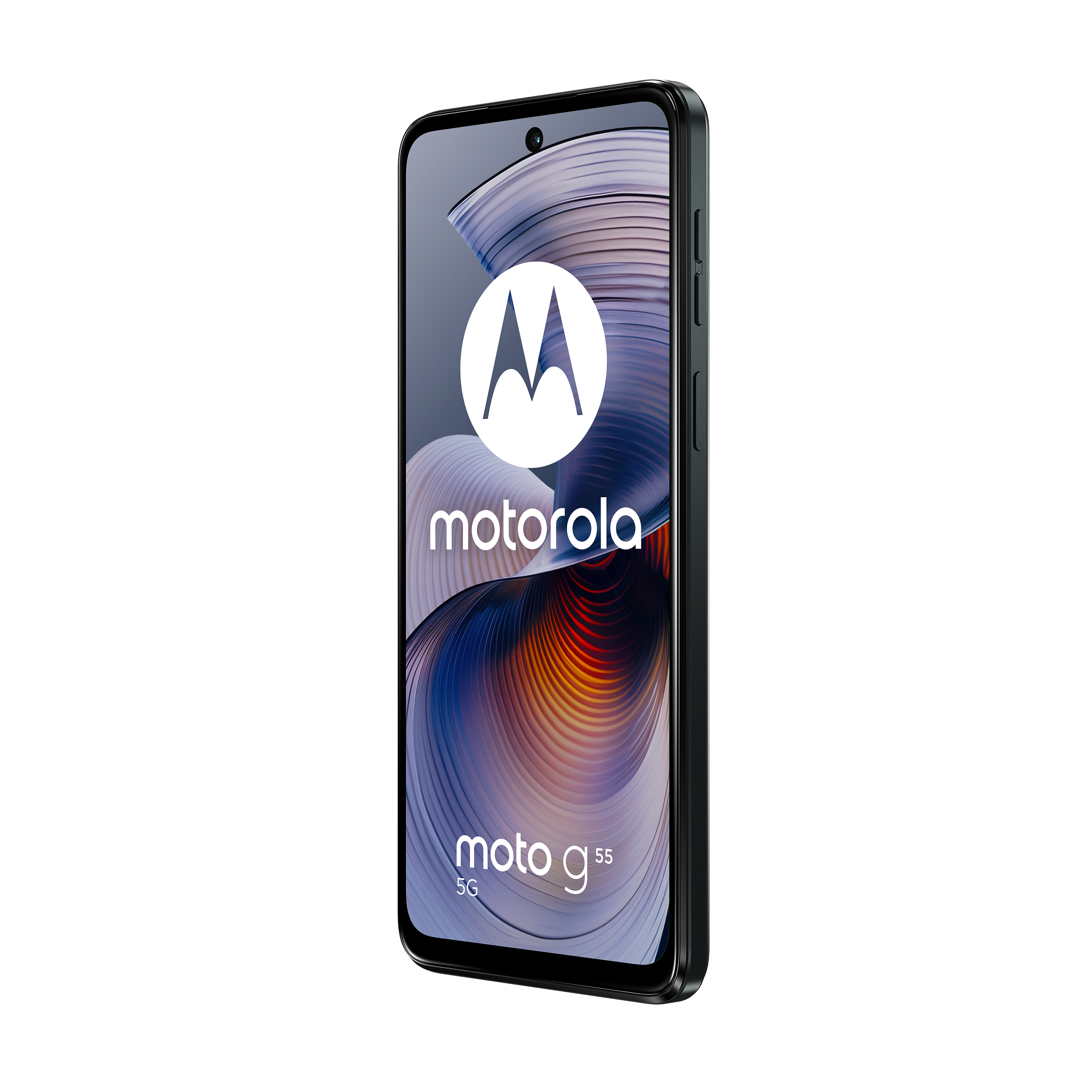 Motorola Moto G55 5G Smartphone, schwarz mit farbenfroher Bildschirmanzeige.