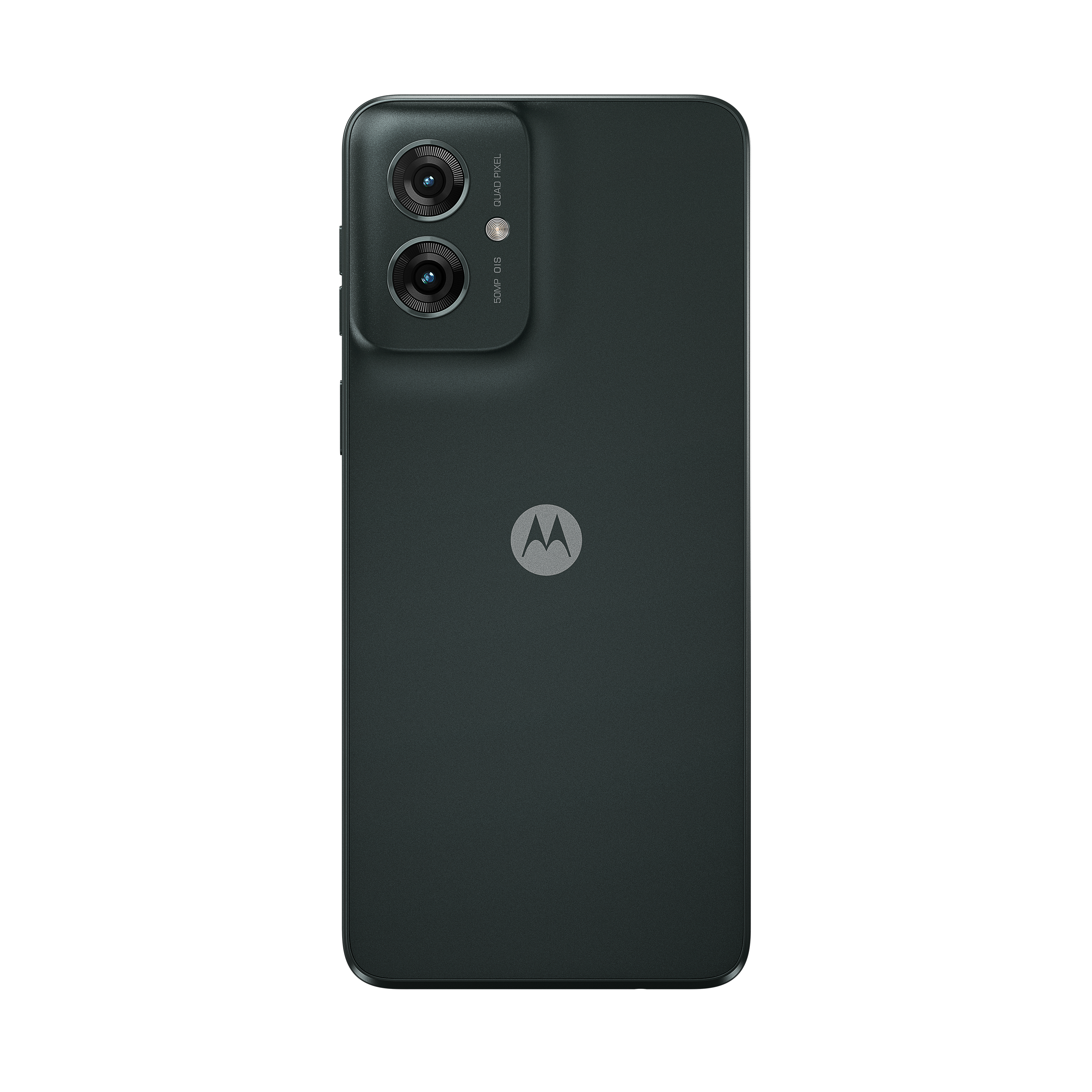 Rückansicht eines dunkelgrünen Smartphones mit Dual-Kameras und Motorola-Logo.
