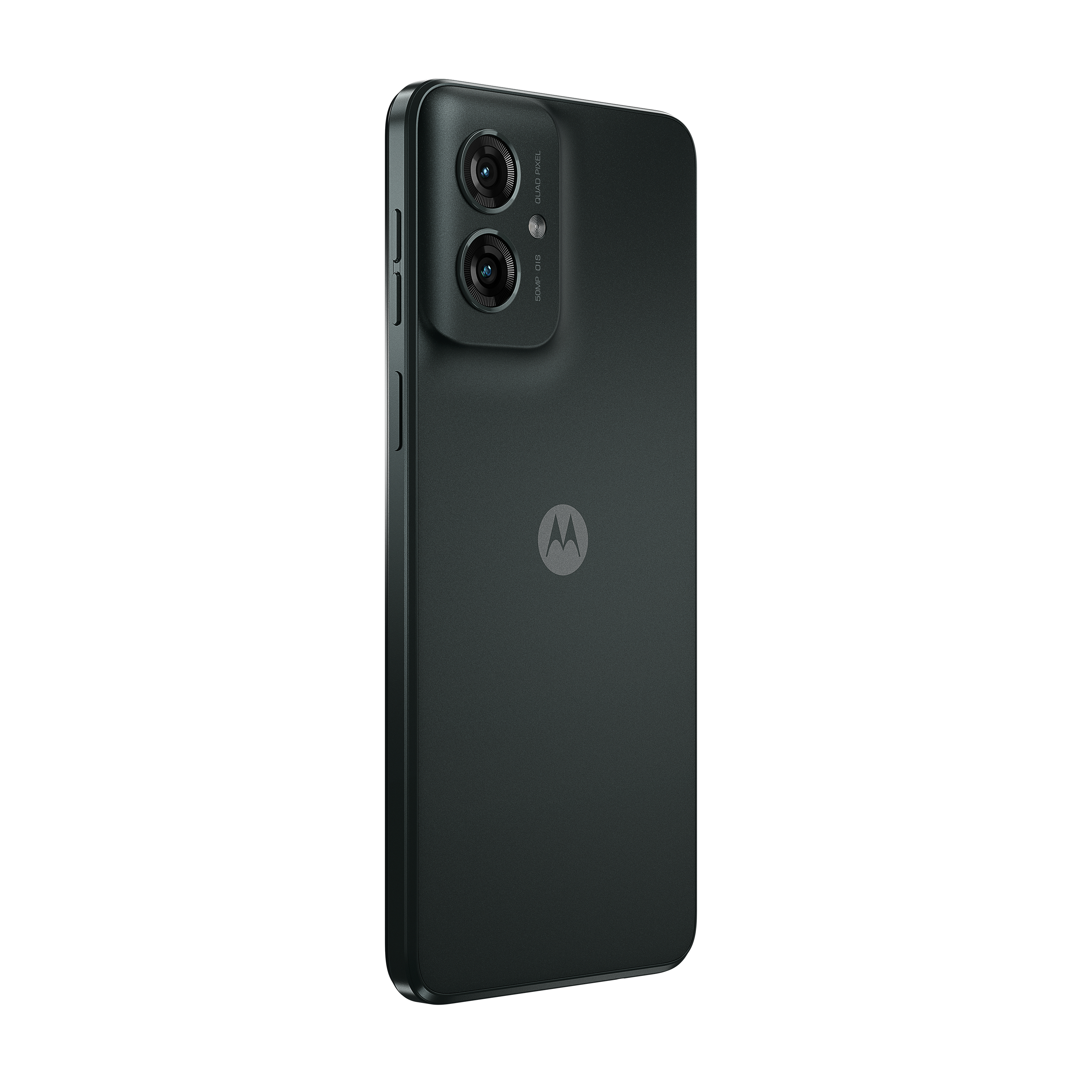 Ein schwarzes Smartphone mit Dual-Kamera und Logo vor weißem Hintergrund.