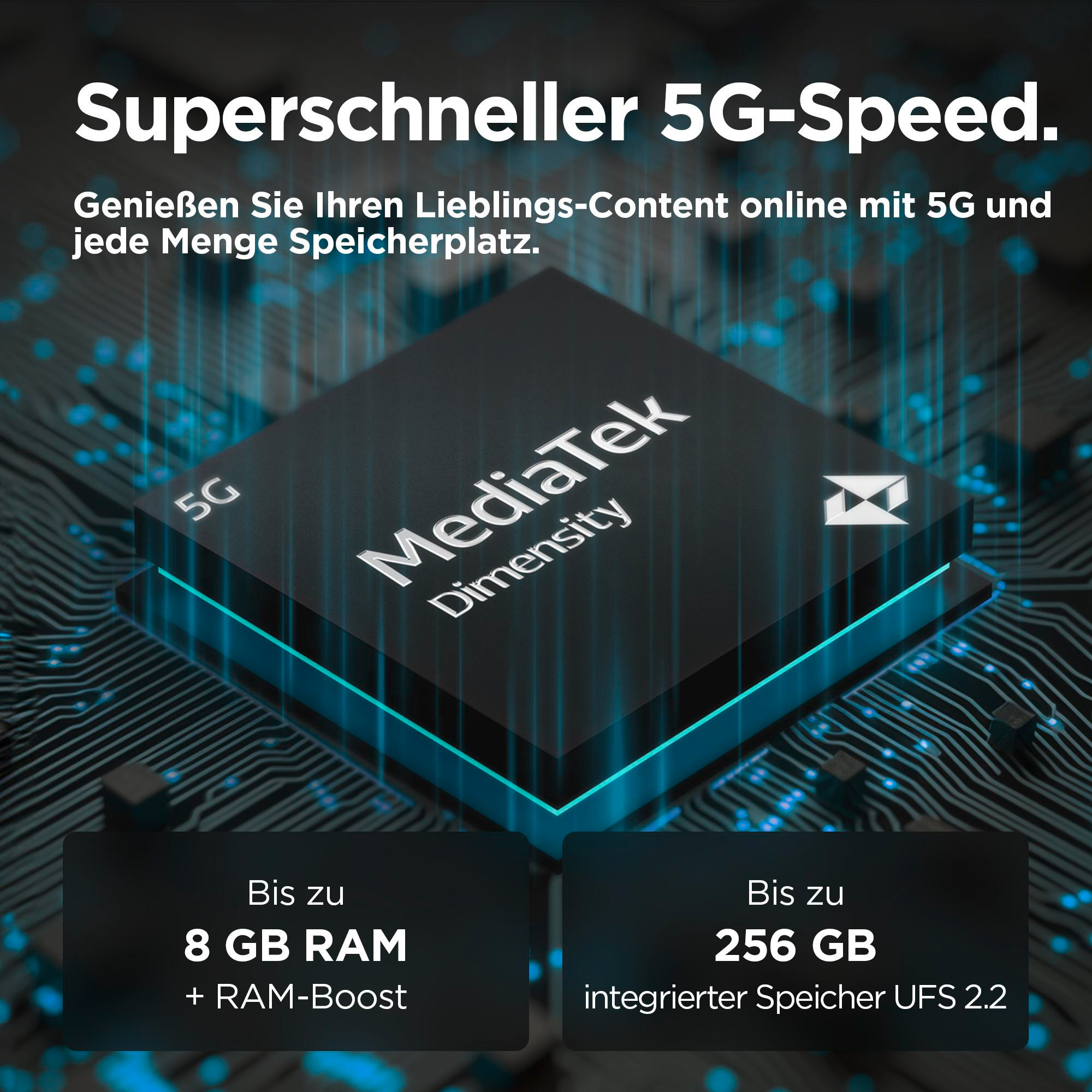 Ein Smartphone-Bildschirm mit einem MediaTek-Logo, plus Text über 5G-Geschwindigkeit.