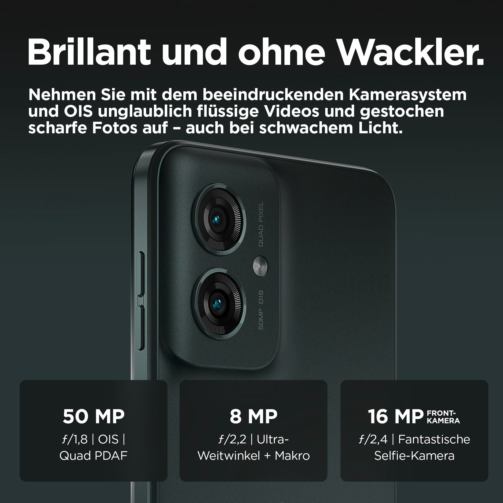 Nahaufnahme von Telefonkameras. Text über Kamerafunktionen und -spezifikationen. 50MP, 8MP und 16MP Frontkamera-Details.
