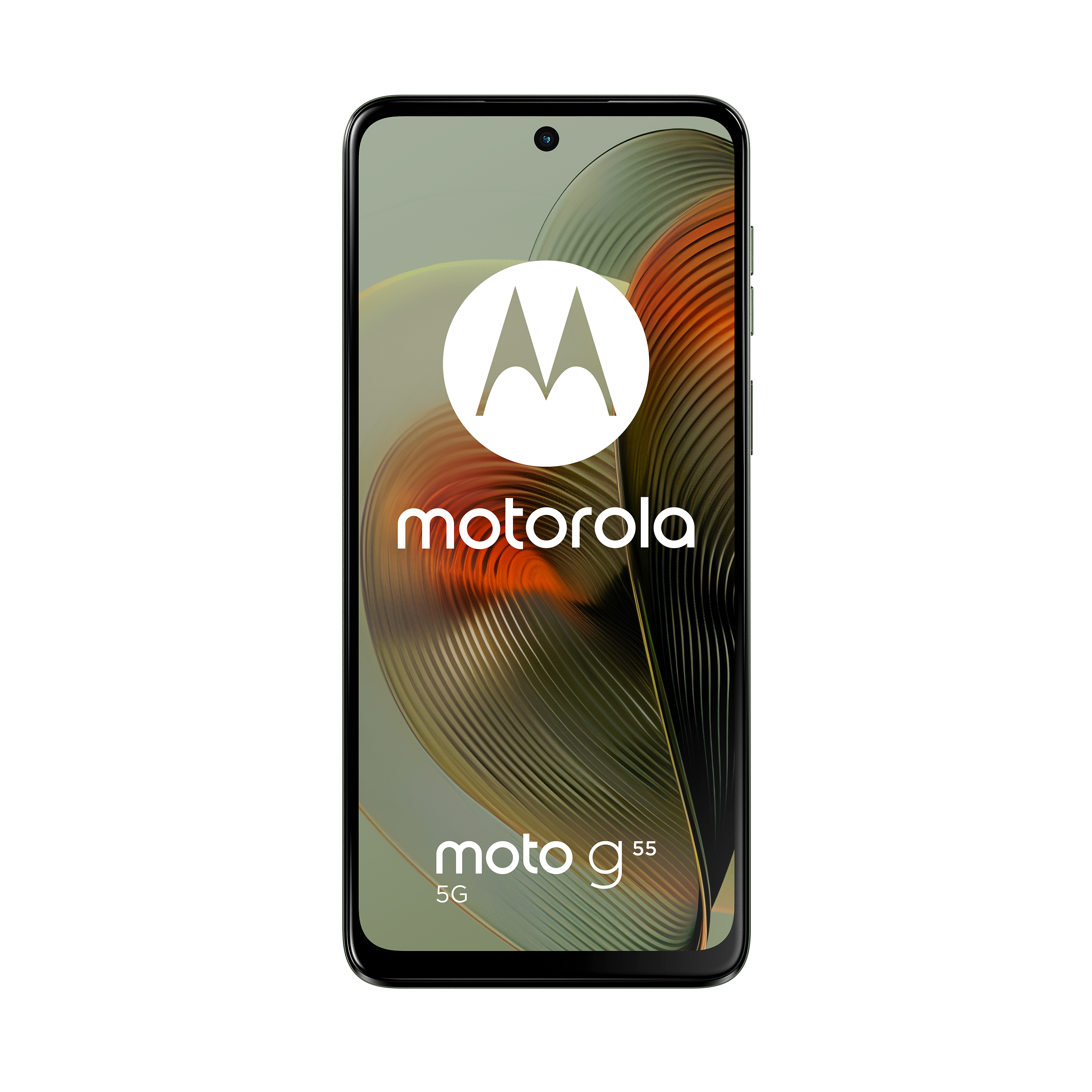 Ein Motorola Moto g55 5G Telefon. Der Bildschirm zeigt das Motorola Logo und das Telefonmodell auf weißem Hintergrund.