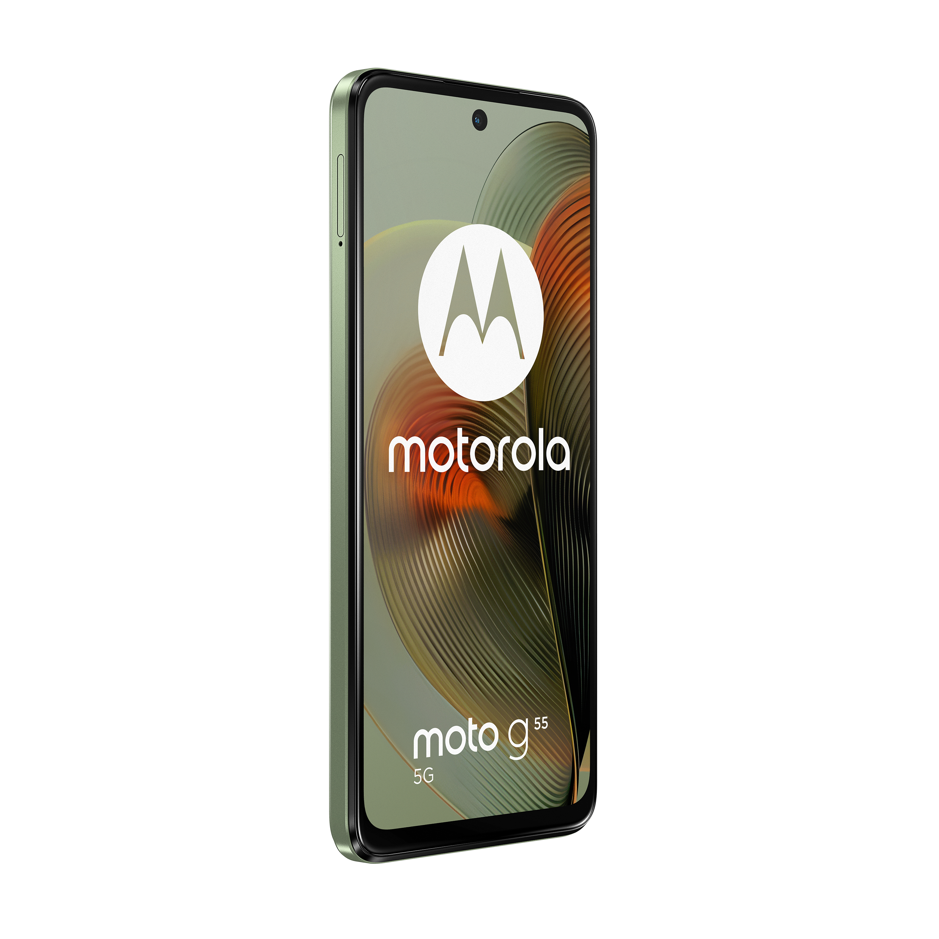 Motorola Moto g55 5G Telefon, Winkelansicht. Der Bildschirm zeigt Logo und Modell. Das Telefon ist grün.