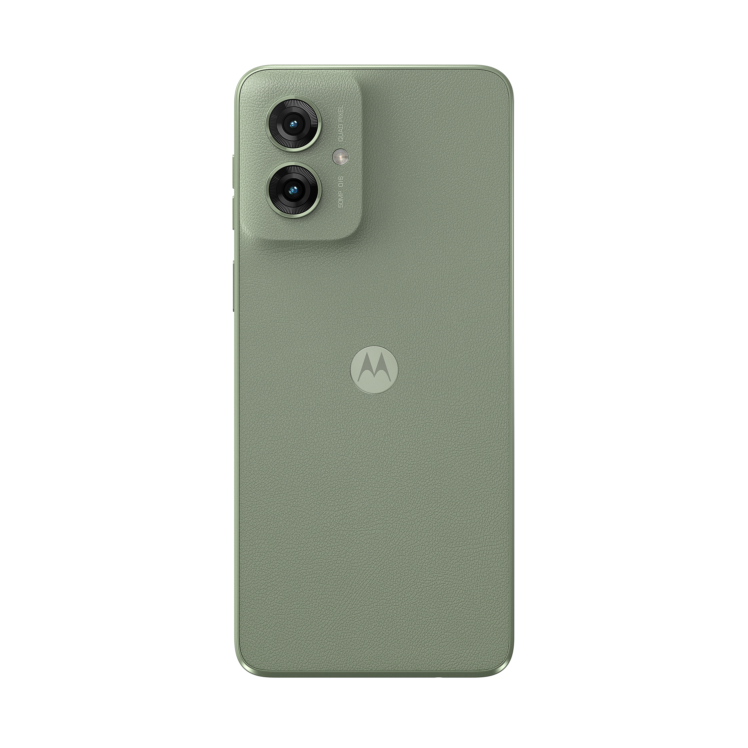 Rückansicht eines grünen Motorola-Telefons mit zwei Kameras, Blitz und dem Motorola-Logo in der Mitte.