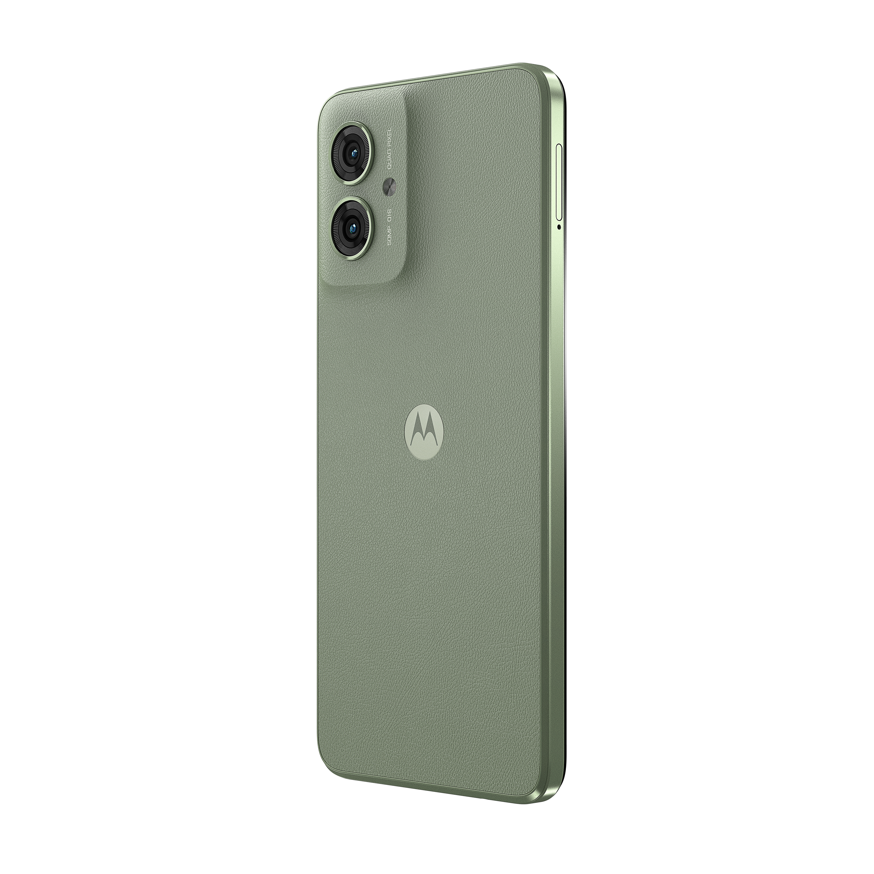 Abgewinkelte Rückansicht eines grünen Motorola-Telefons mit zwei Kameras, Blitz und dem Motorola-Logo.