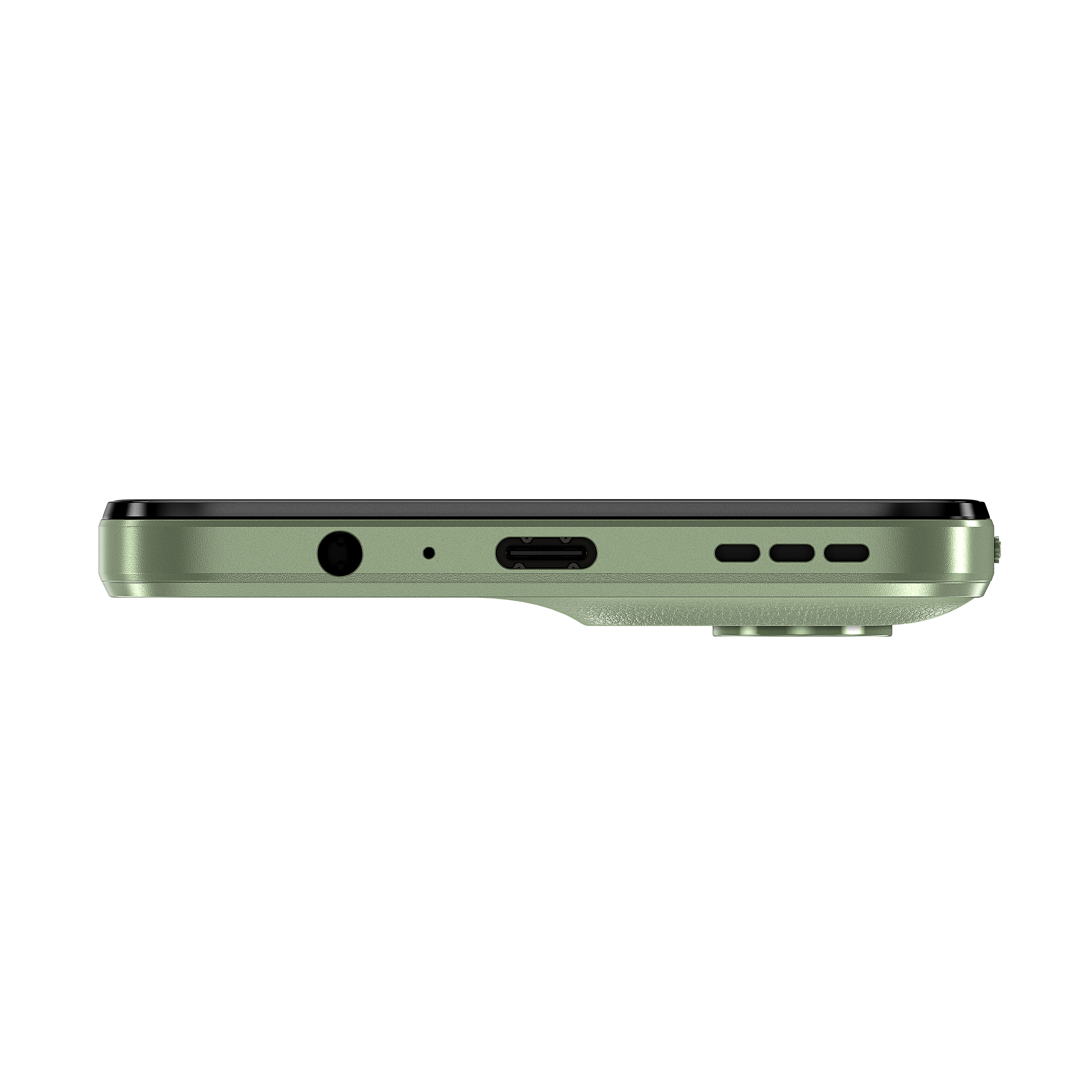 Unterkante eines grünen Motorola-Telefons. Zeigt Kopfhöreranschluss, USB-C-Anschluss und Lautsprecherlöcher.