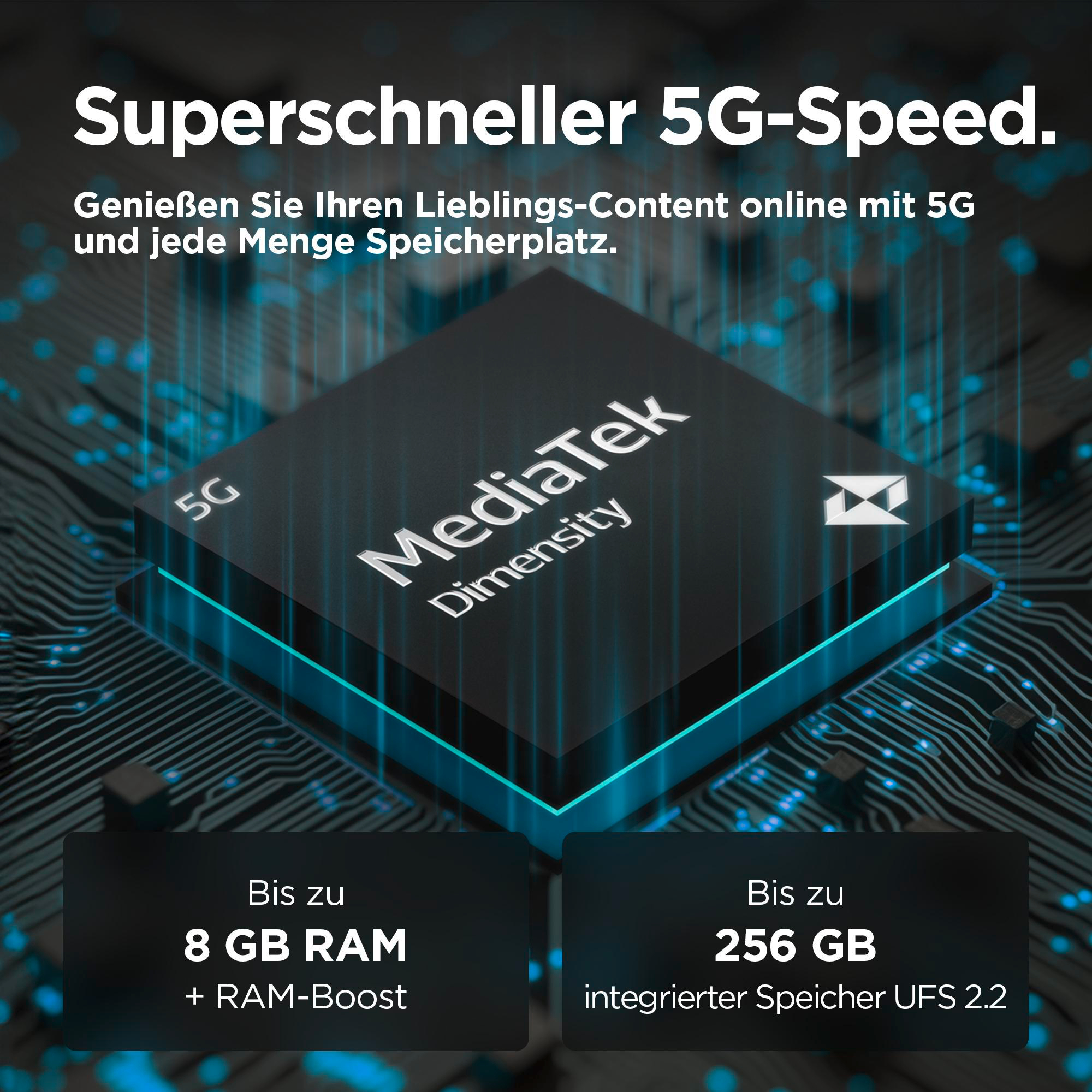 Ein MediaTek Dimensity Prozessor auf blauem Hintergrund, mit 8 GB RAM und 256 GB Speicher.