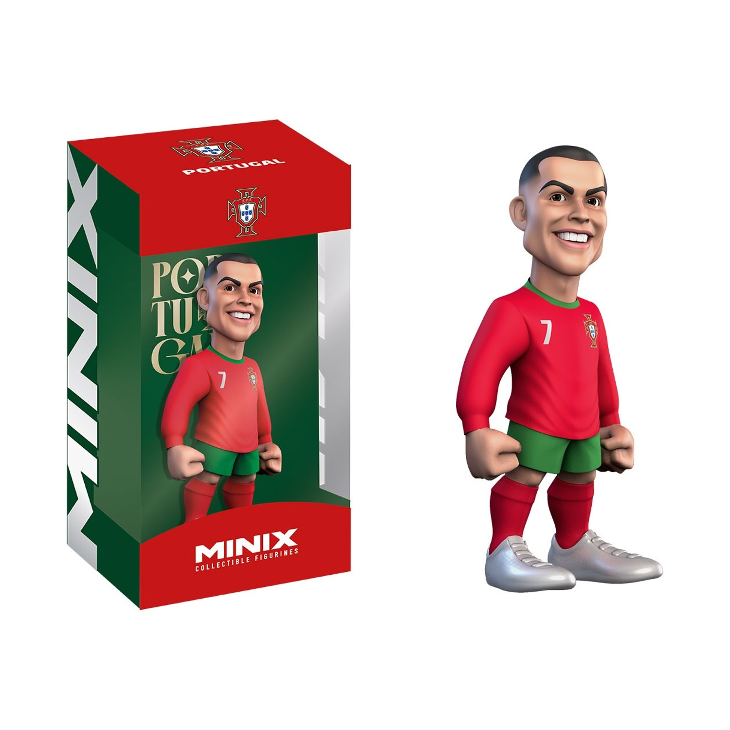 Una statuetta da collezione Minix di Cristiano Ronaldo in un completo rosso e verde.