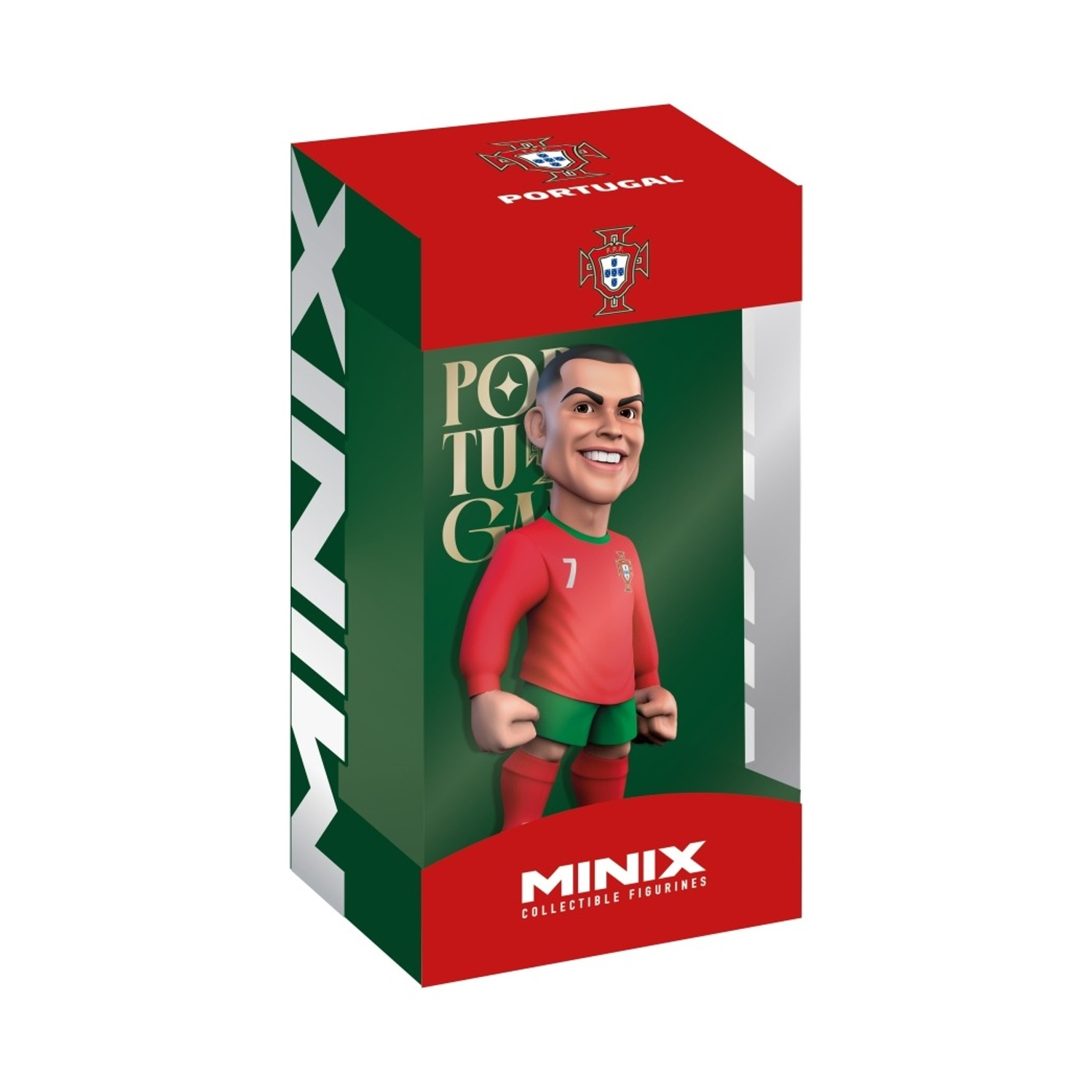 Figurina Minix di un calciatore con maglia rossa, in una scatola verde e rossa.