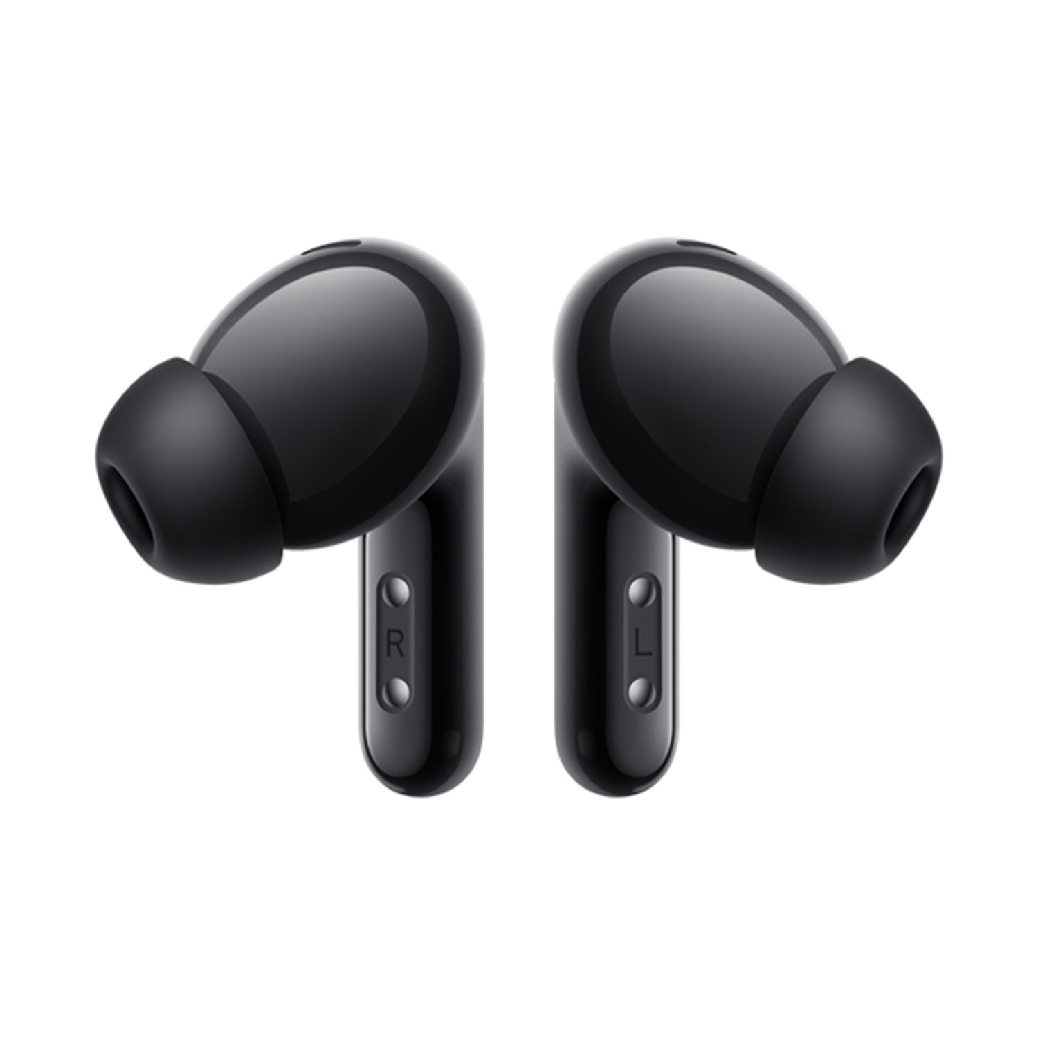 Due auricolari wireless neri, uno di fronte all'altro, su sfondo bianco.