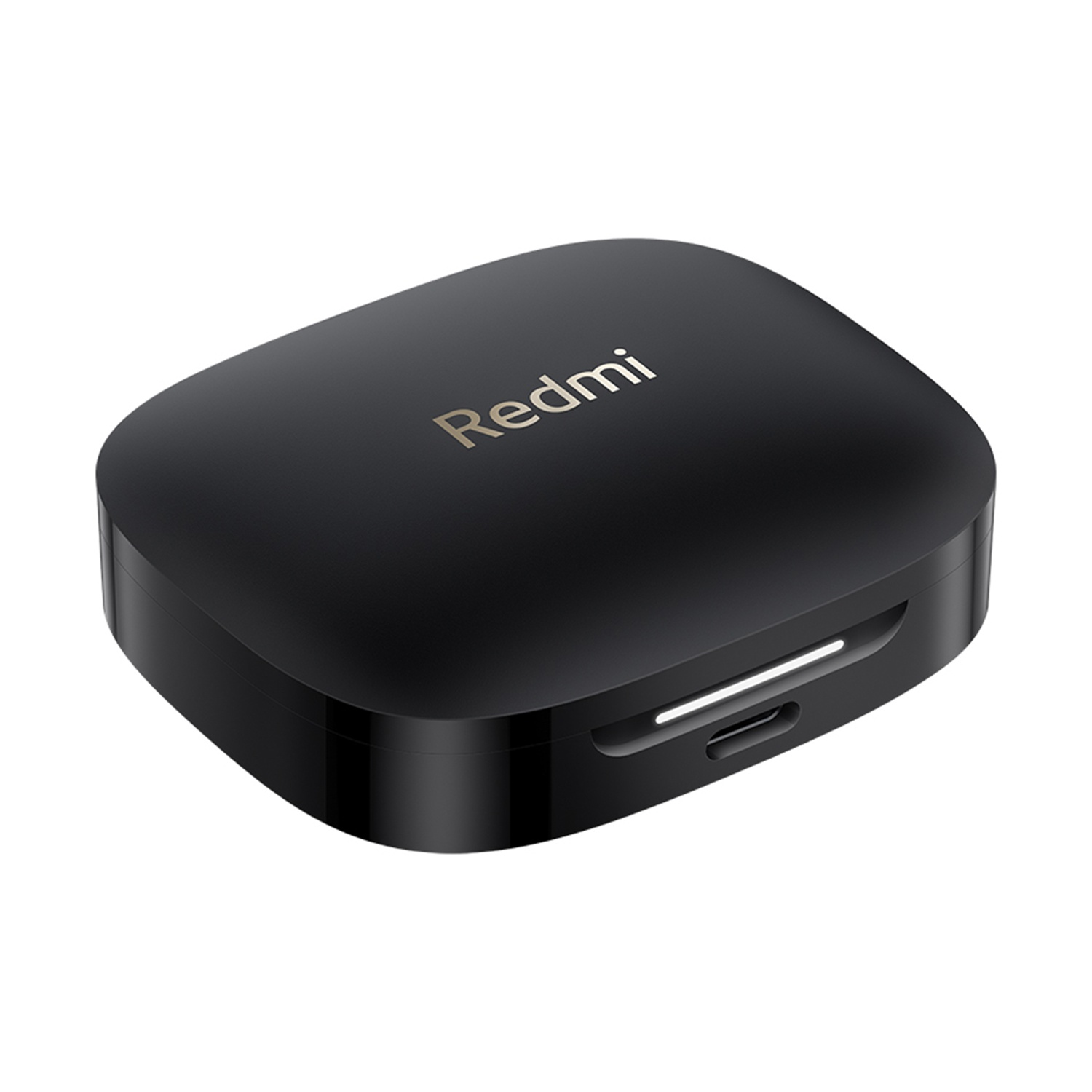 Custodia nera per auricolari Redmi su una superficie bianca. La custodia è quadrata con una porta di ricarica.
