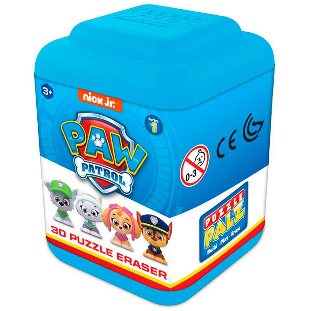 Eine blaue Paw Patrol Puzzle-Box mit Deckel. Die Box zeigt das Paw Patrol-Logo und 3D-Radiergummis der Charaktere.