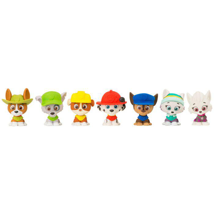 Eine Reihe von sechs Paw Patrol-Figuren in verschiedenen Farben und Outfits, jede mit unterschiedlichen Merkmalen.