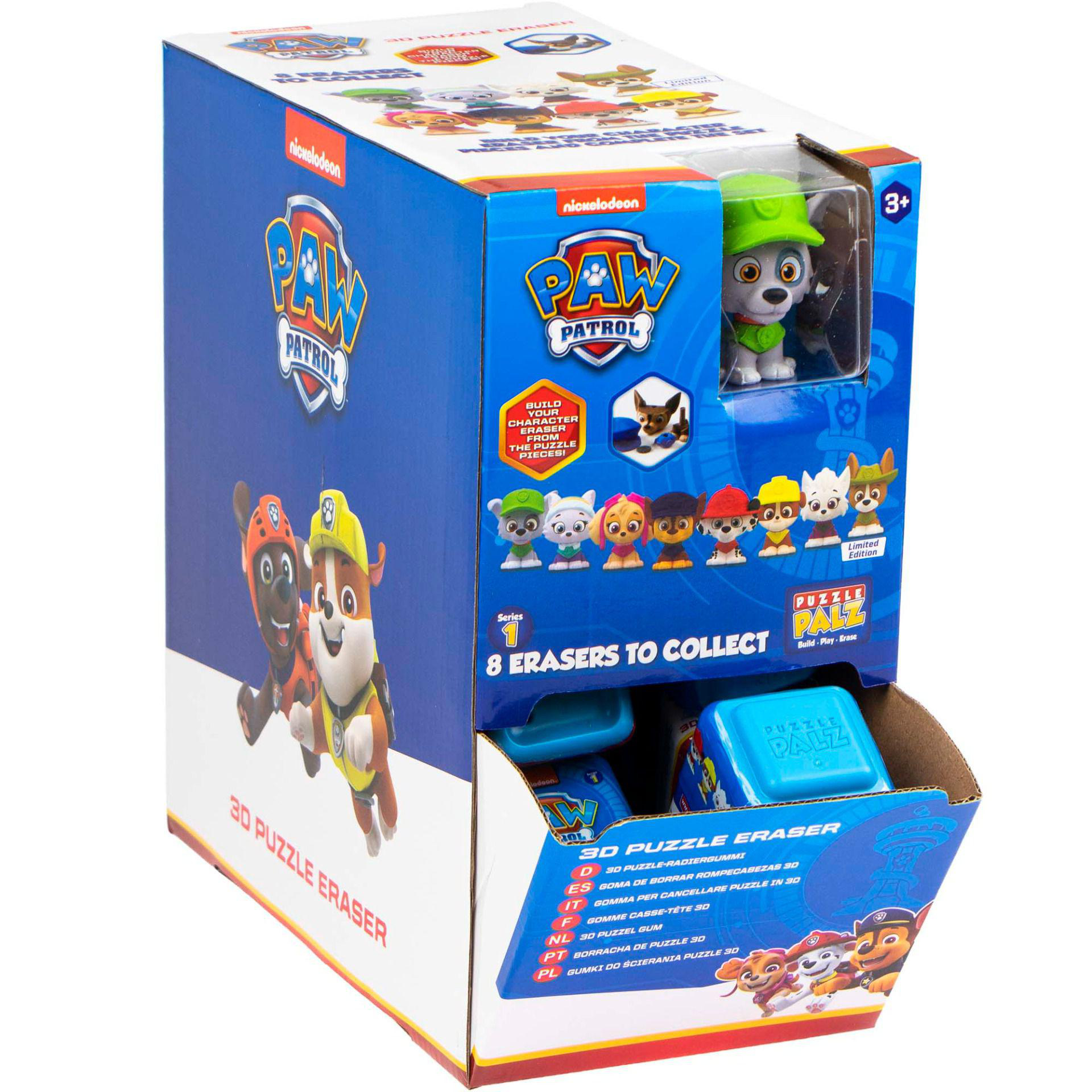 Paw Patrol 3D-Radiergummi-Displaybox mit Figuren und Text.