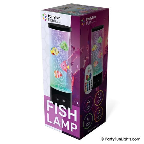 Eine Fischlampe in ihrer Box, zeigt bunte Fische im Inneren, mit Fernbedienung an der Seite.