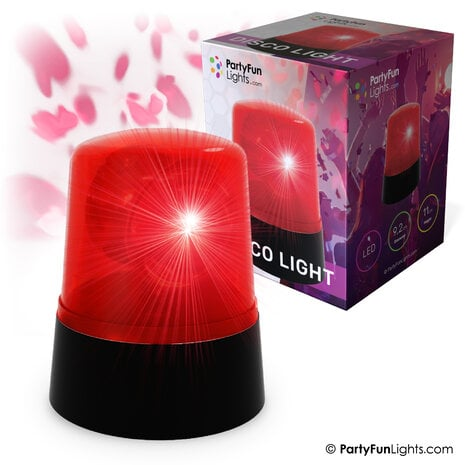 Rotes Discolicht mit schwarzem Sockel und einer Box mit der Aufschrift 'Disco Light'.