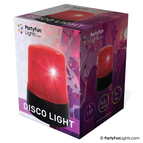 Eine Discolichtbox mit rotem Licht und dem Text 'Disco Light'.