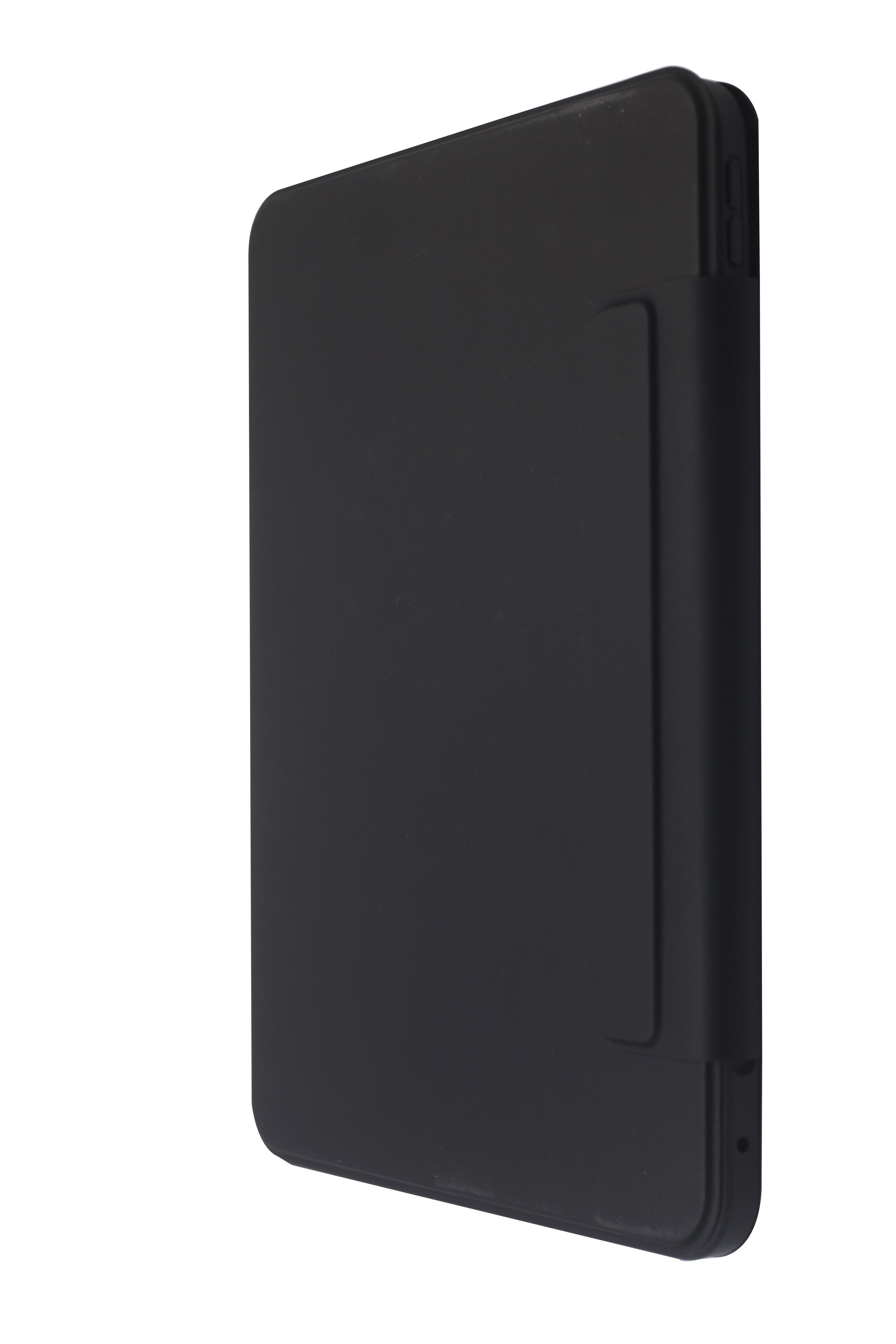 Schwarzes Tablet in einer Hülle, stehend, zeigt die Seite, mit eingebautem Stifthalter.