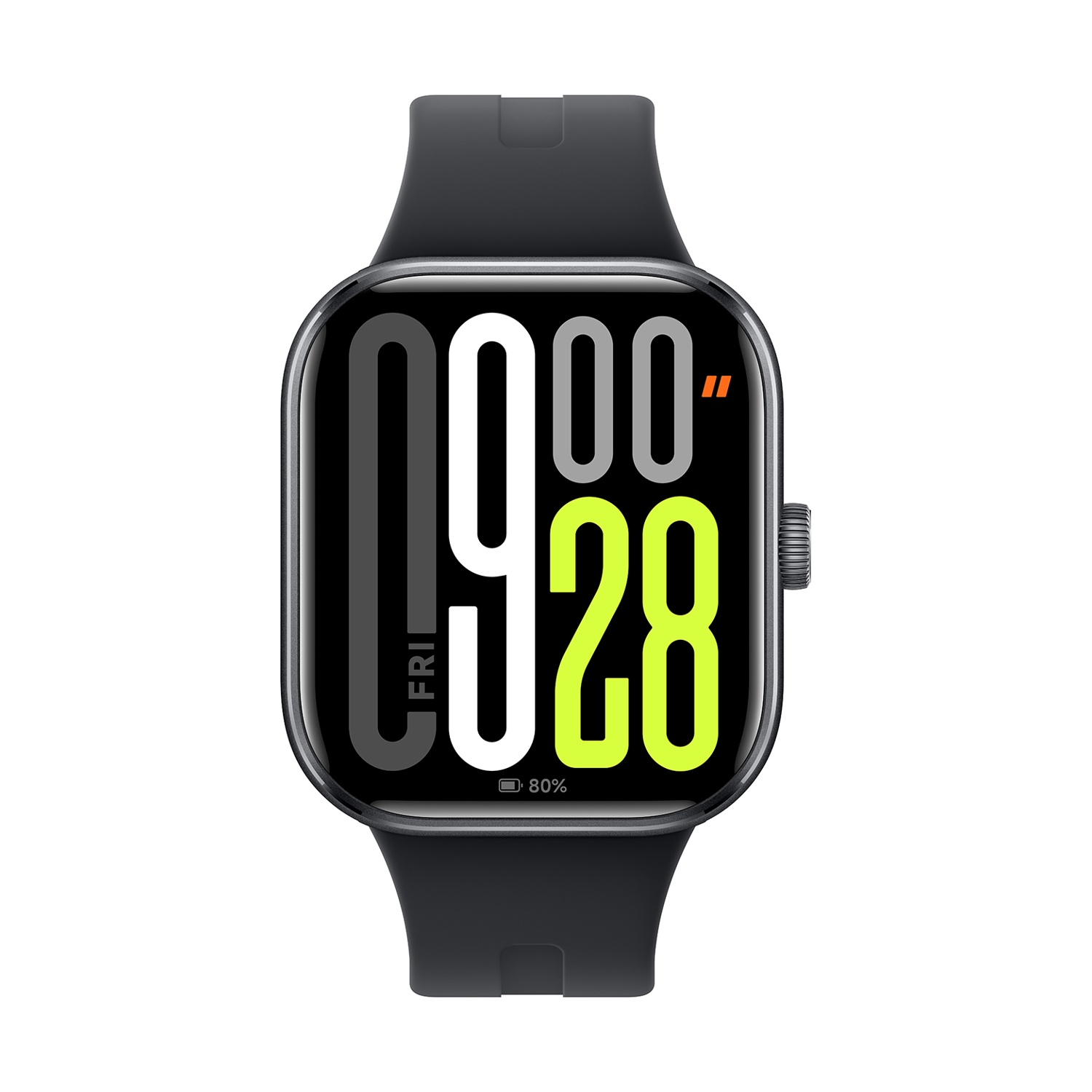 Smartwatch che mostra l'ora: 09:28, Venerdì. Cinturino nero, quadrante quadrato con display digitale.