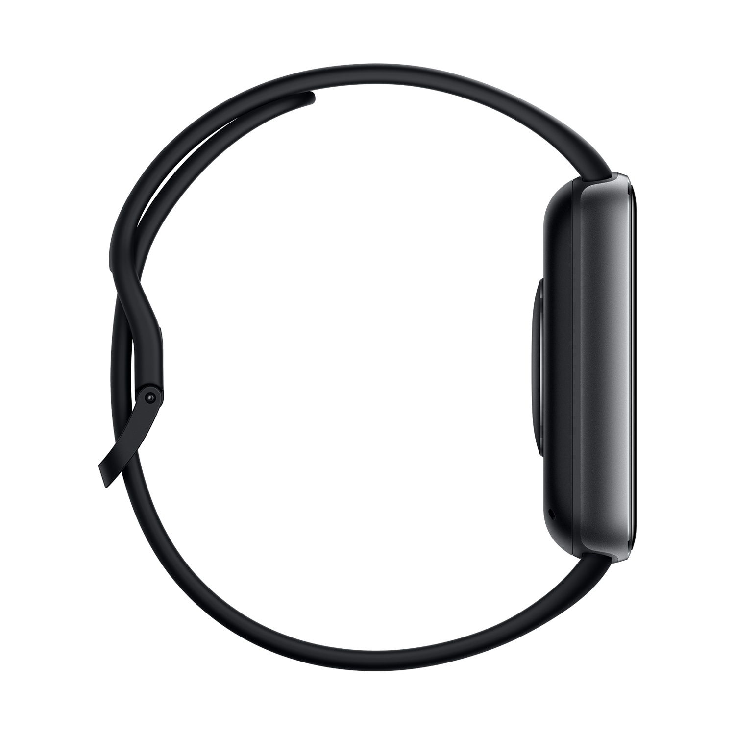 Smartwatch nero, vista laterale, con cinturino nero e pulsante circolare nero.