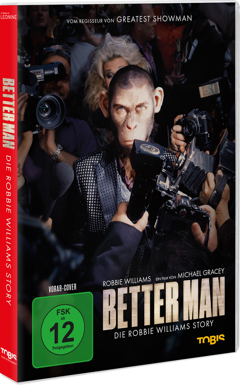 DVD-Hülle mit affenähnlichem Gesicht auf der Vorderseite mit Reportern, Lichtern und Kameras im Hintergrund.