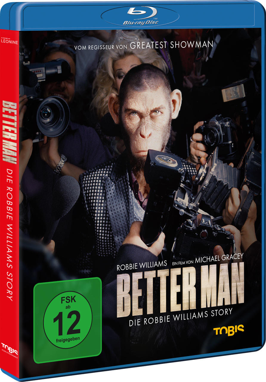Blu-ray-Hülle: ein affenköpfiger Mann, umgeben von Kameras, als Filmcover.
