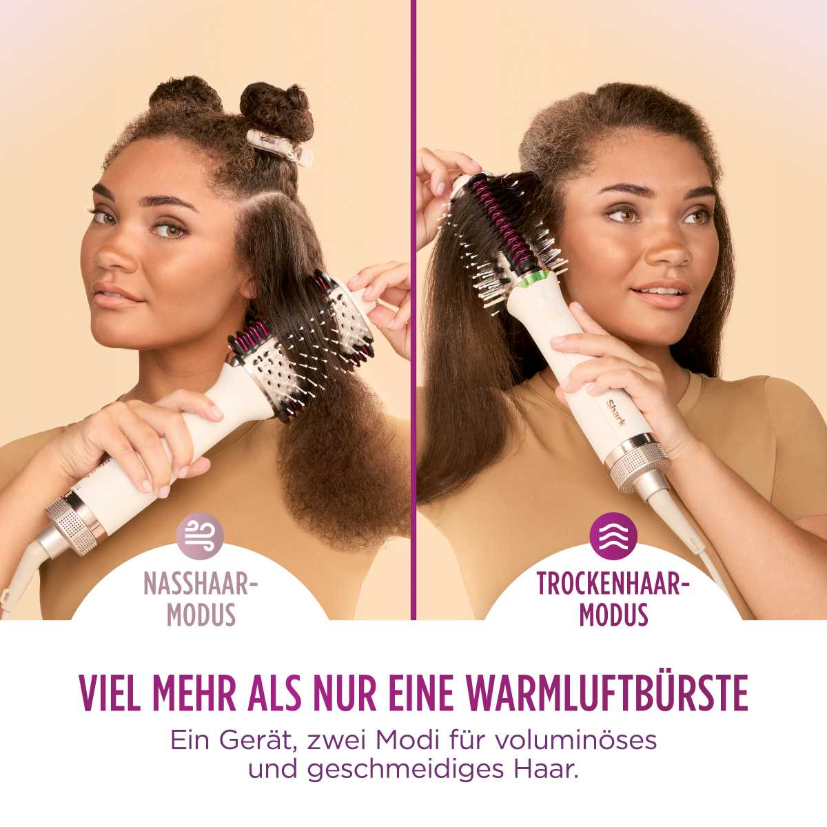 Due immagini che mostrano una donna che usa un arricciacapelli ad aria calda per asciugare e acconciare i capelli.