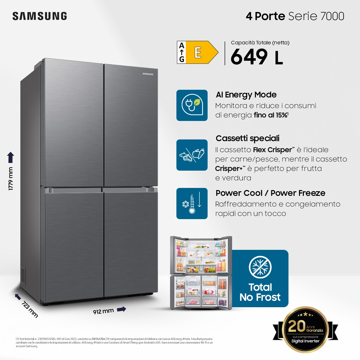 Grande frigorifero Samsung grigio con diagramma dettagliato delle funzioni.