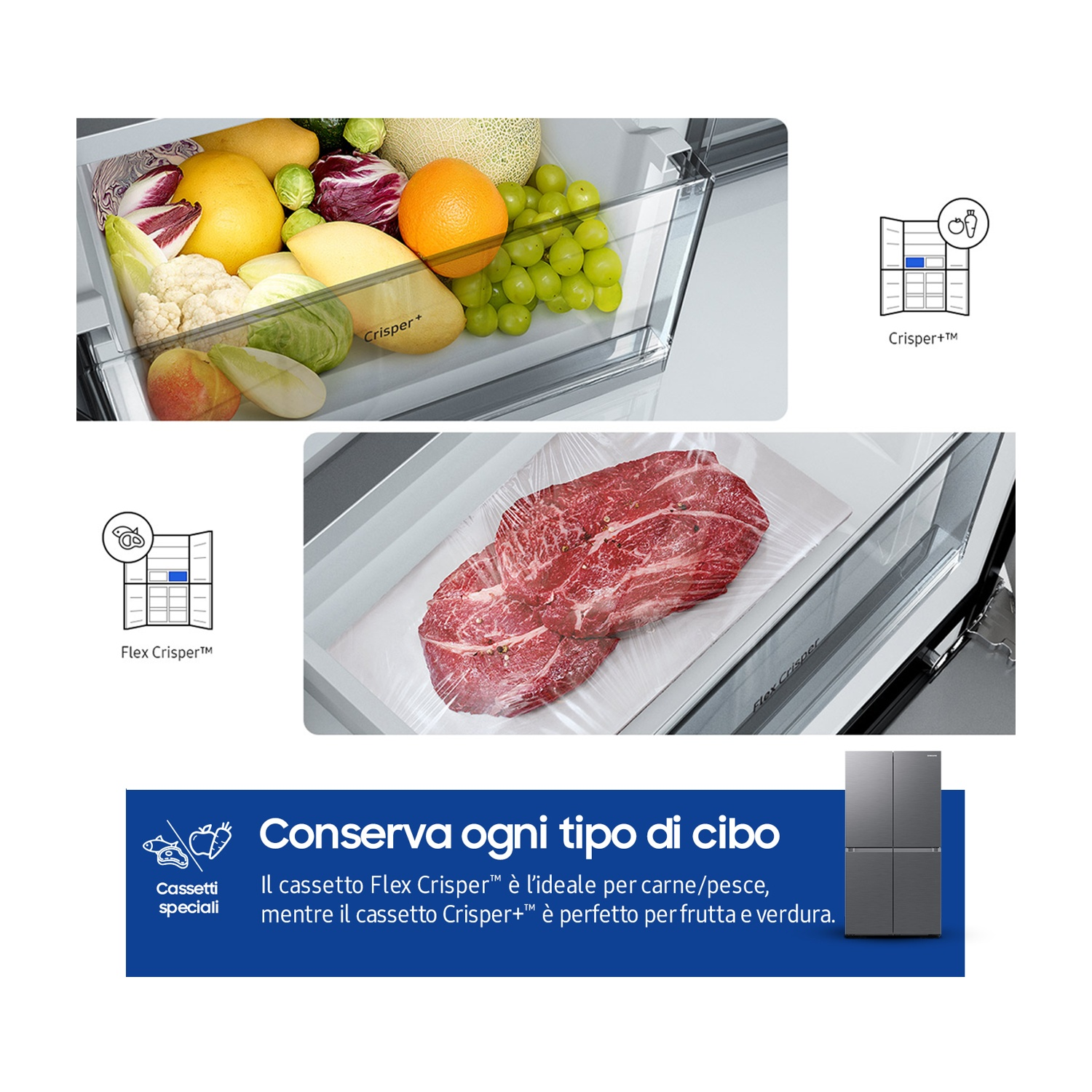 All'interno di un frigorifero con frutta e carne. Cassetti speciali evidenziati per prodotti e carne.