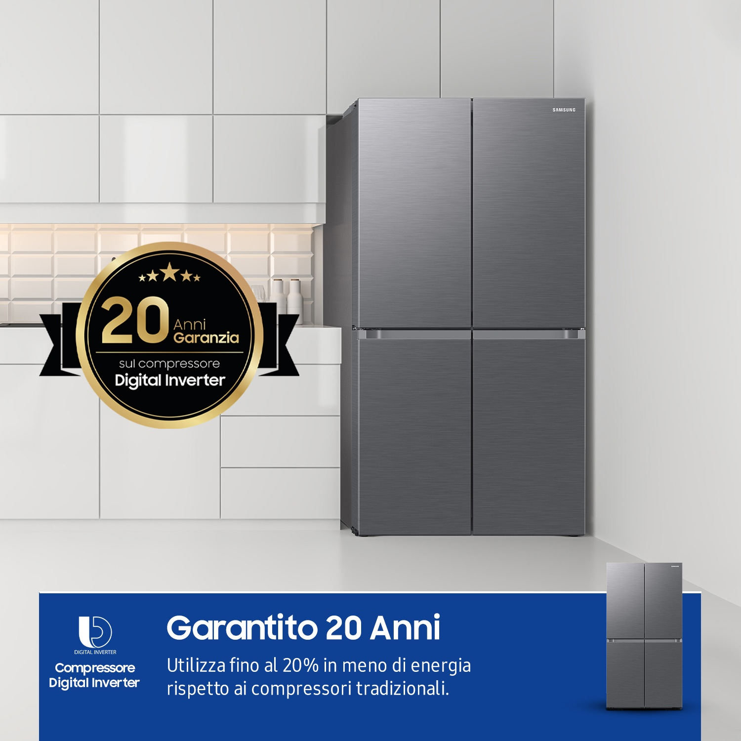 Un frigorifero a quattro porte con un'icona di garanzia. Testo sul risparmio energetico visibile.