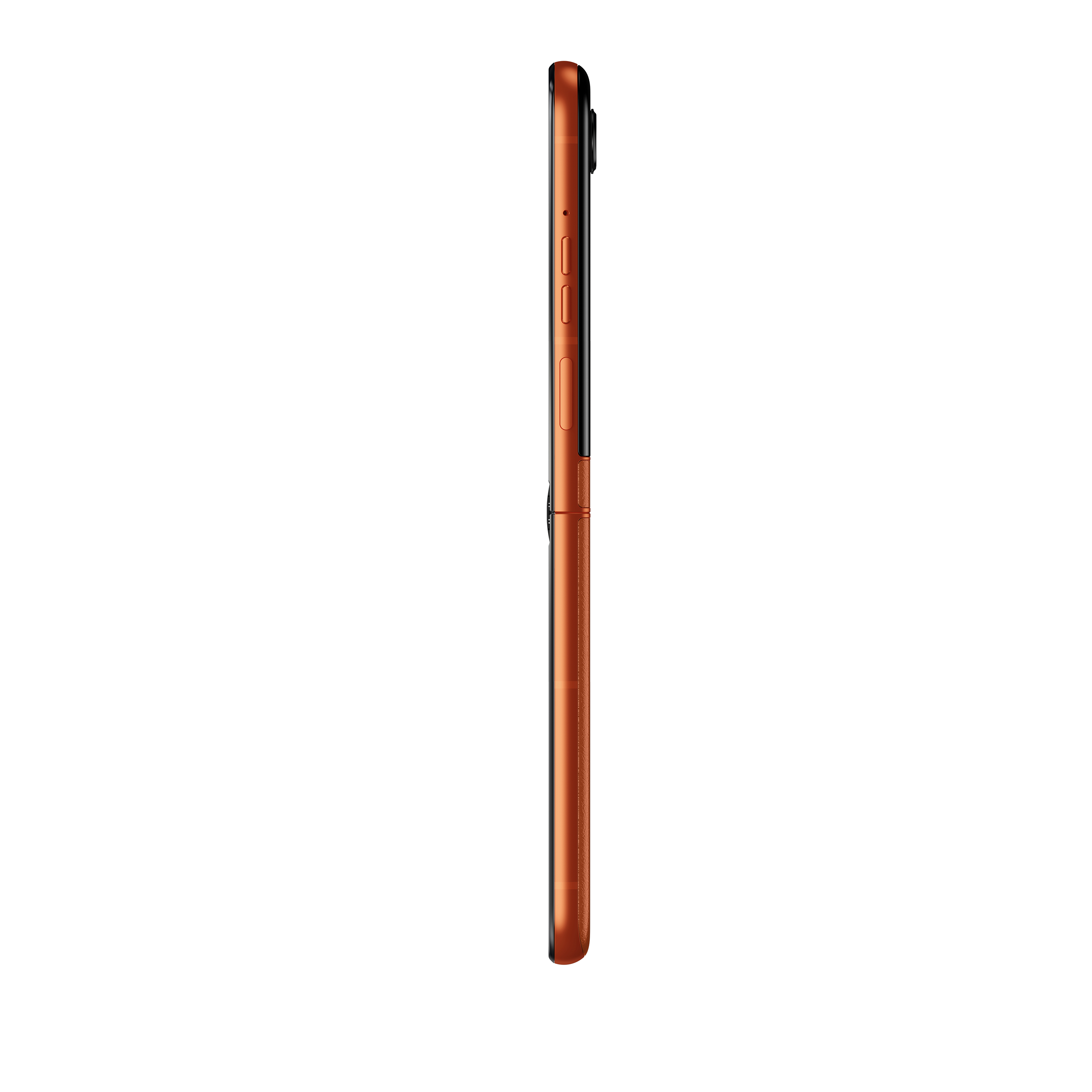 Seitenansicht des orangenen Klapphandys. Seite mit Lautstärke, Power-Taste und schwarzem Rahmen.