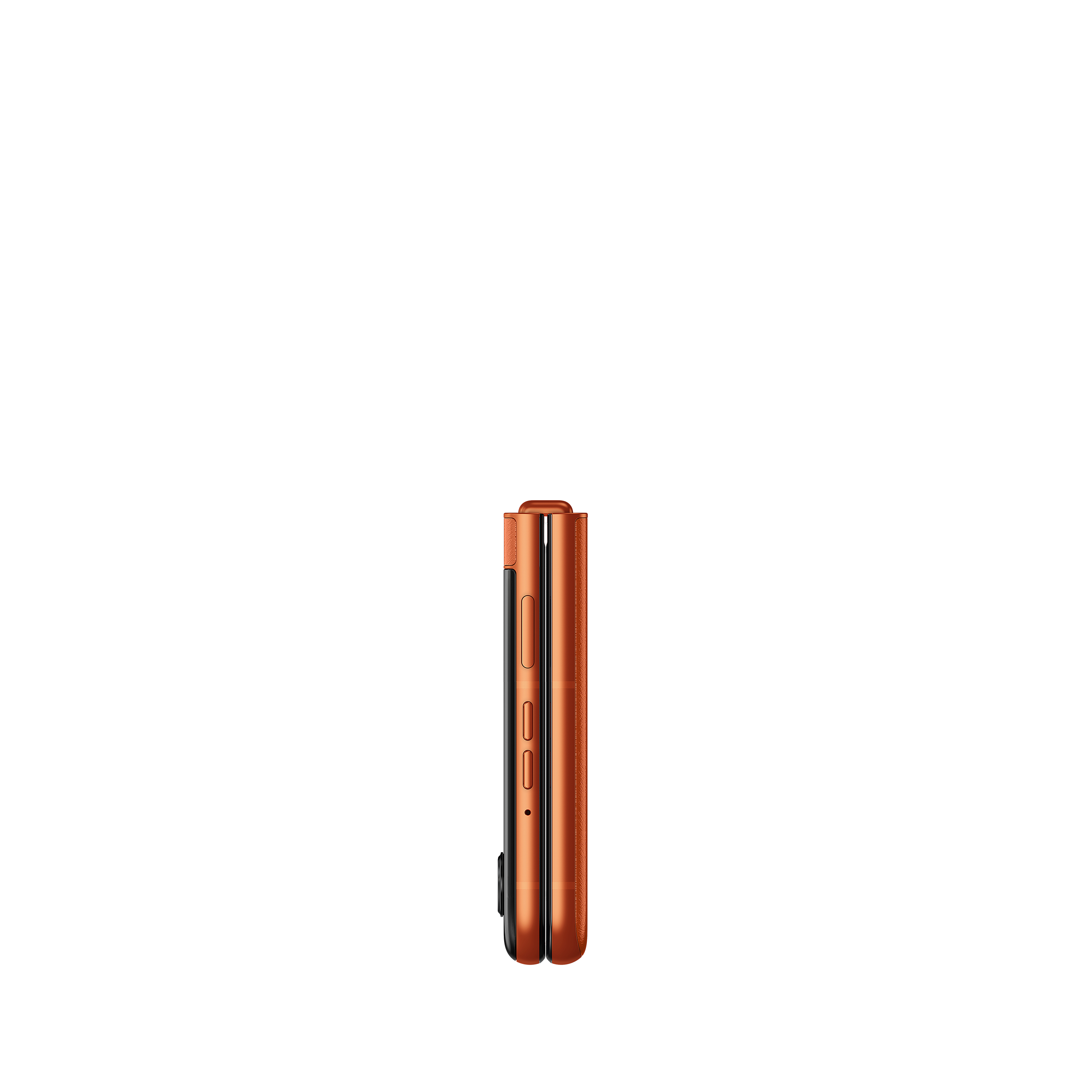 Seitenansicht des orangenen Klapphandys. Seite mit Lautstärke, Power-Taste und schwarzem Rahmen.
