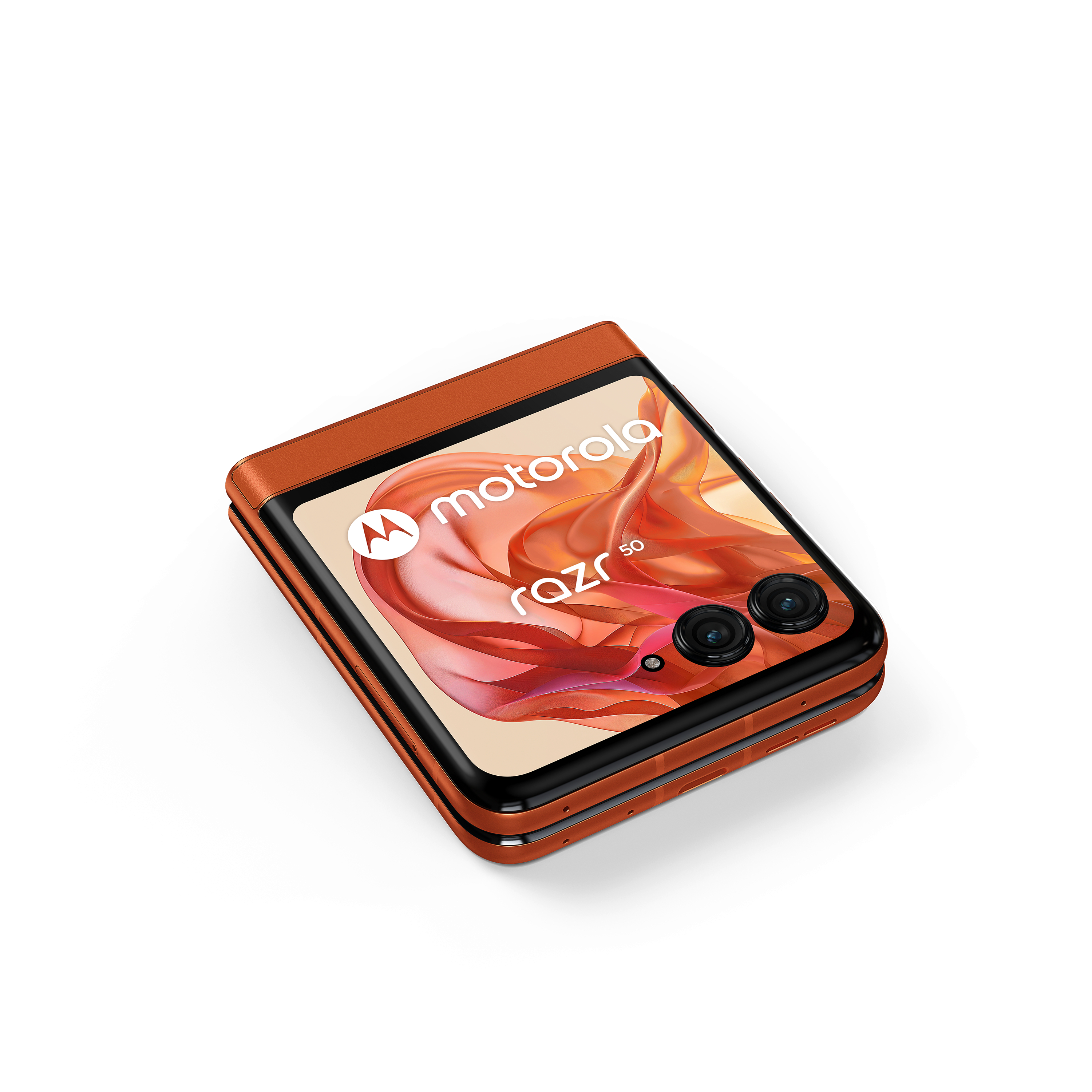Oranges Motorola Razr 5G, gefaltet, weißer Hintergrund.