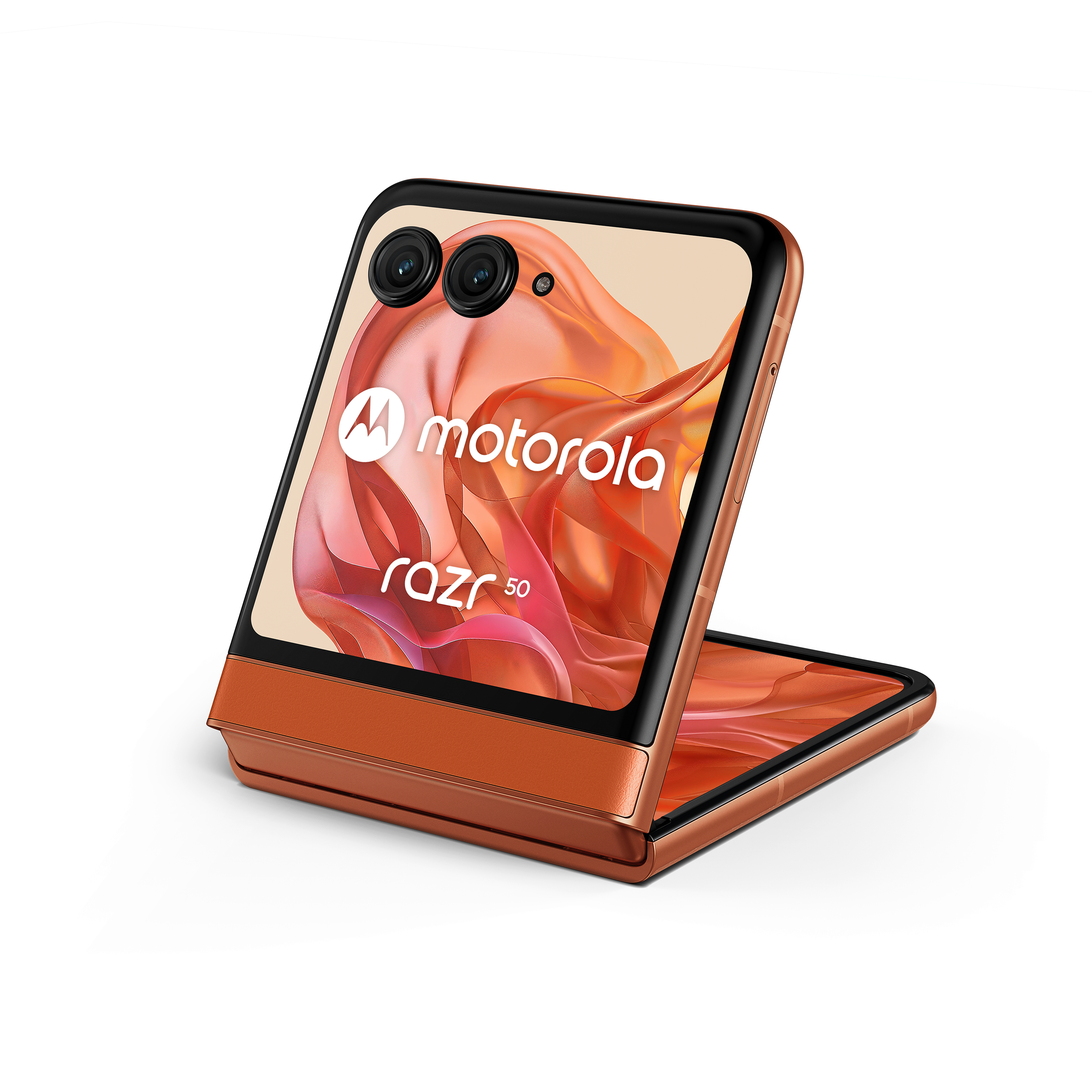 Orangefarbenes Motorola Razr 50 Klapphandy, halb geöffnet, angewinkelt. Bildschirm, Kameras und schwarzer Rahmen.